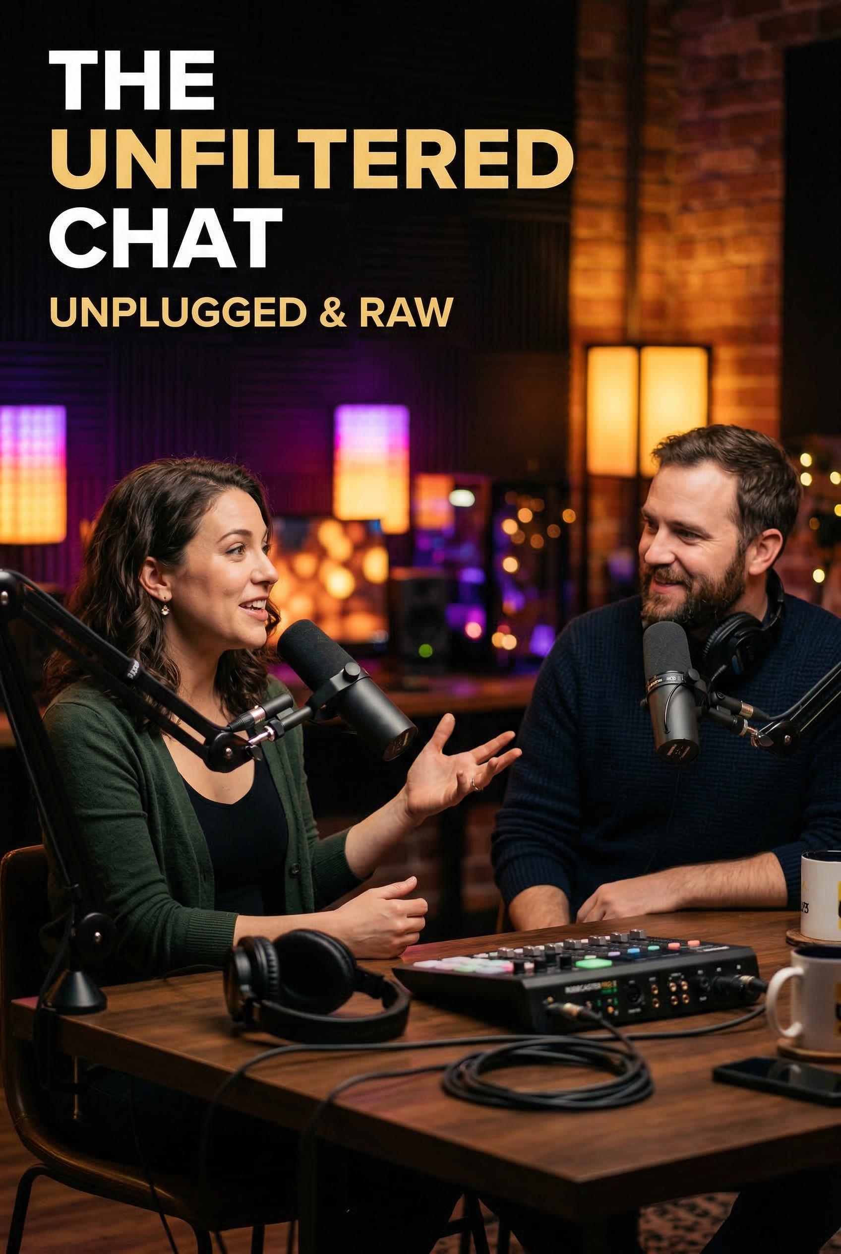 A cinematic podcast-style YouTube thumbnail featuring two people seated across from each other at a professional podcast