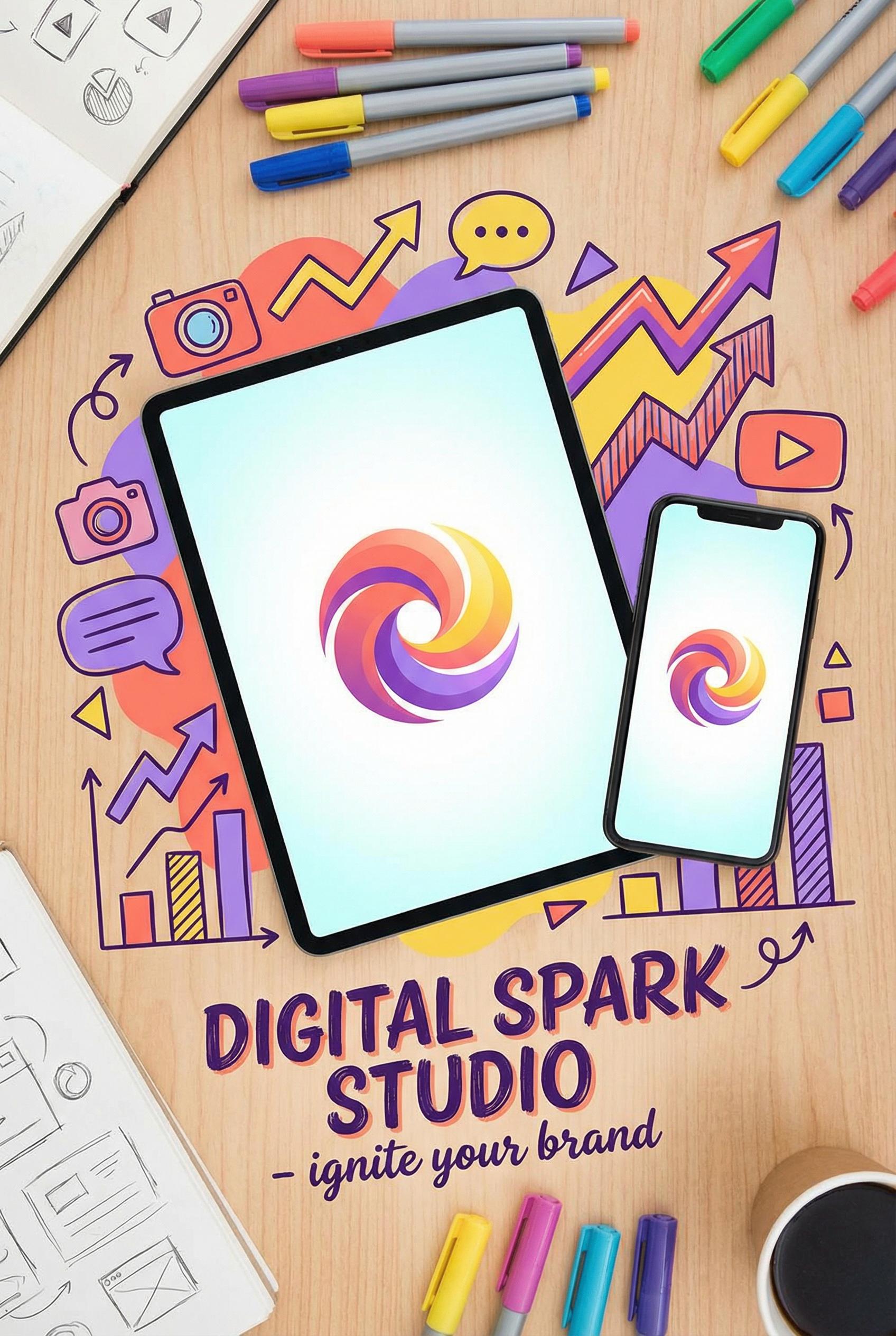 Creative digital marketing logo concepts, colorful burst of abstract shapes representing social media icons and analytic