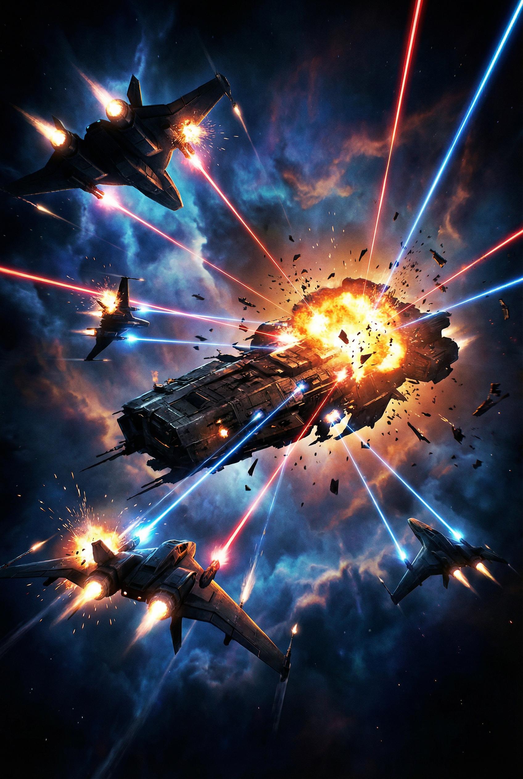 A chaotic space battle scene, laser beams firing between futuristic spaceships, a large exploding cruiser, nebula clouds