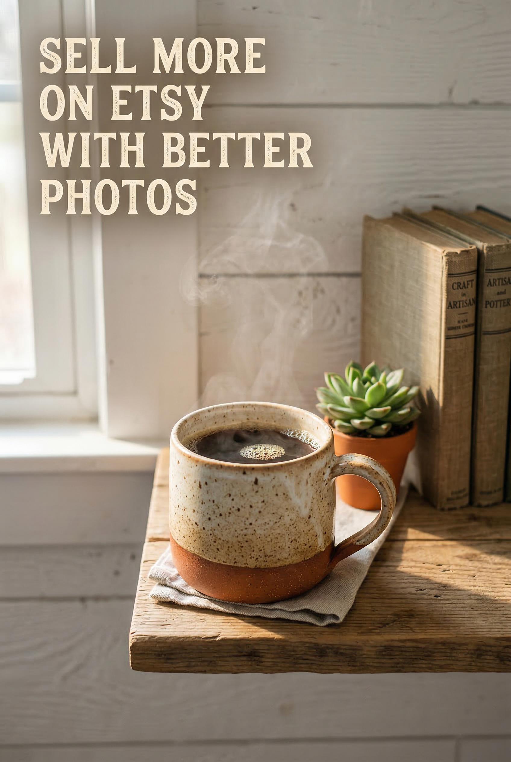 A hand-thrown ceramic mug with a beautiful speckled cream and terracotta glaze sitting on a natural wooden shelf against