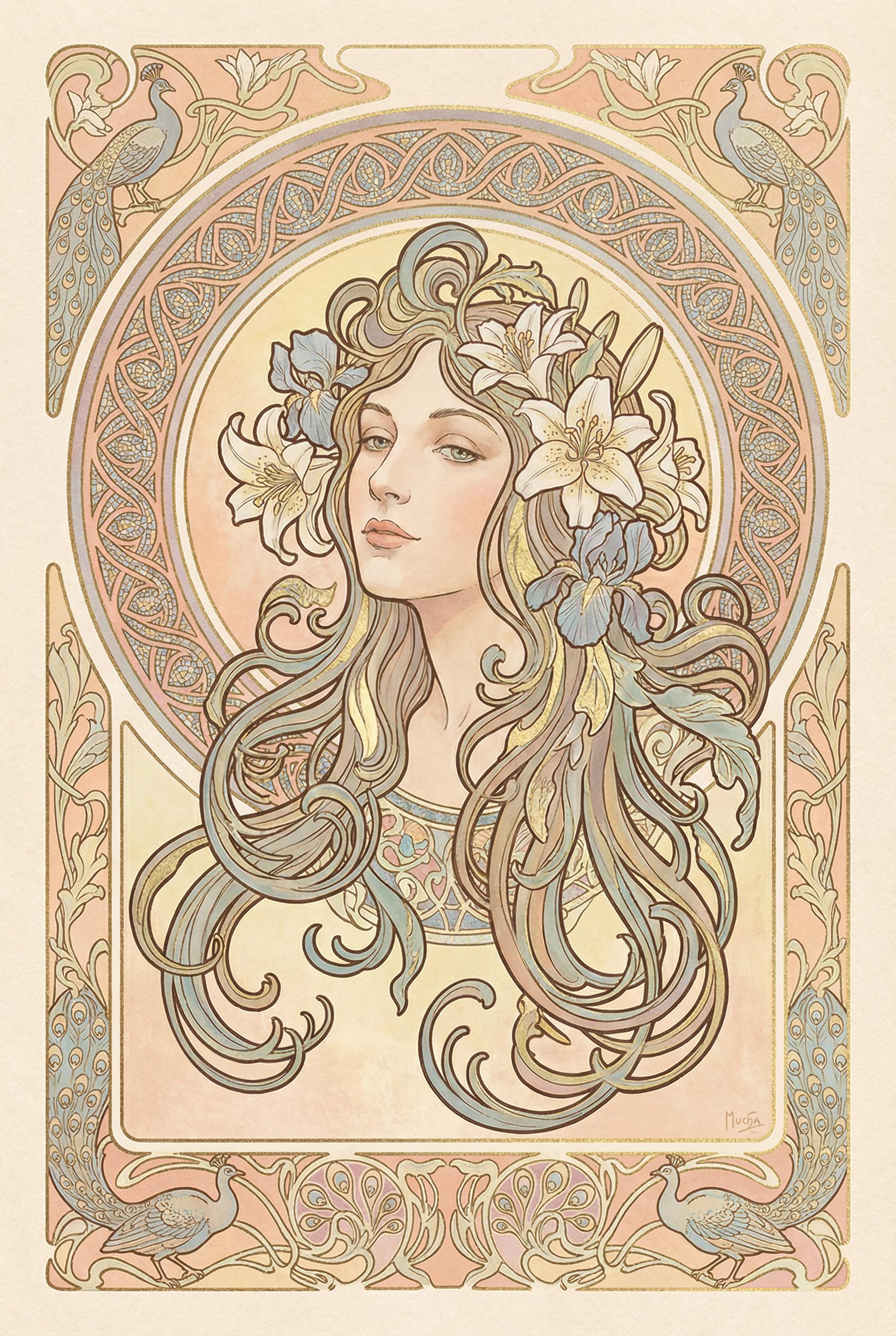 Elegant woman portrait in Alphonse Mucha style, flowing hair with decorative floral elements, ornate