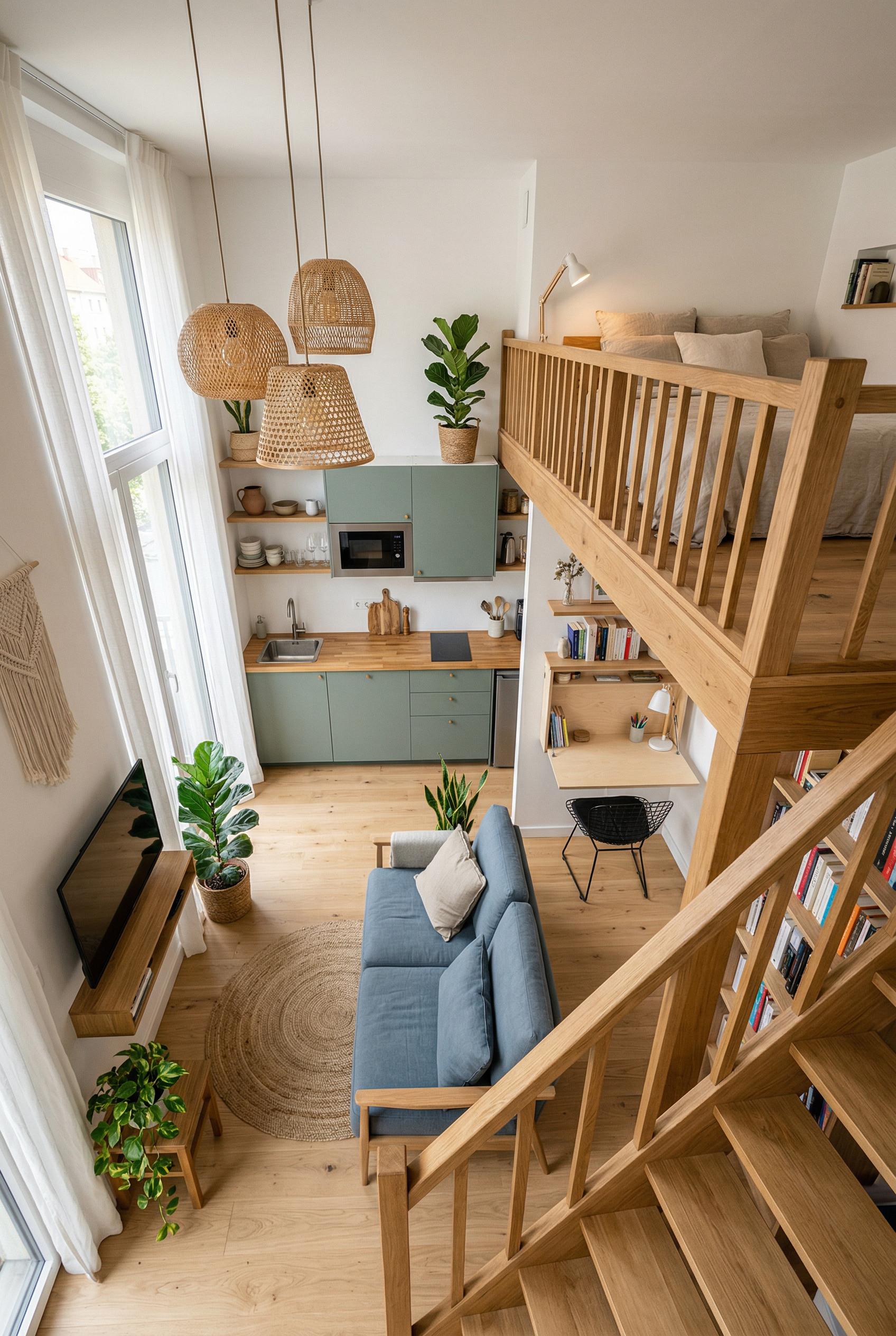 A cleverly designed micro-apartment living area of approximately 30 square meters, viewed from an el
