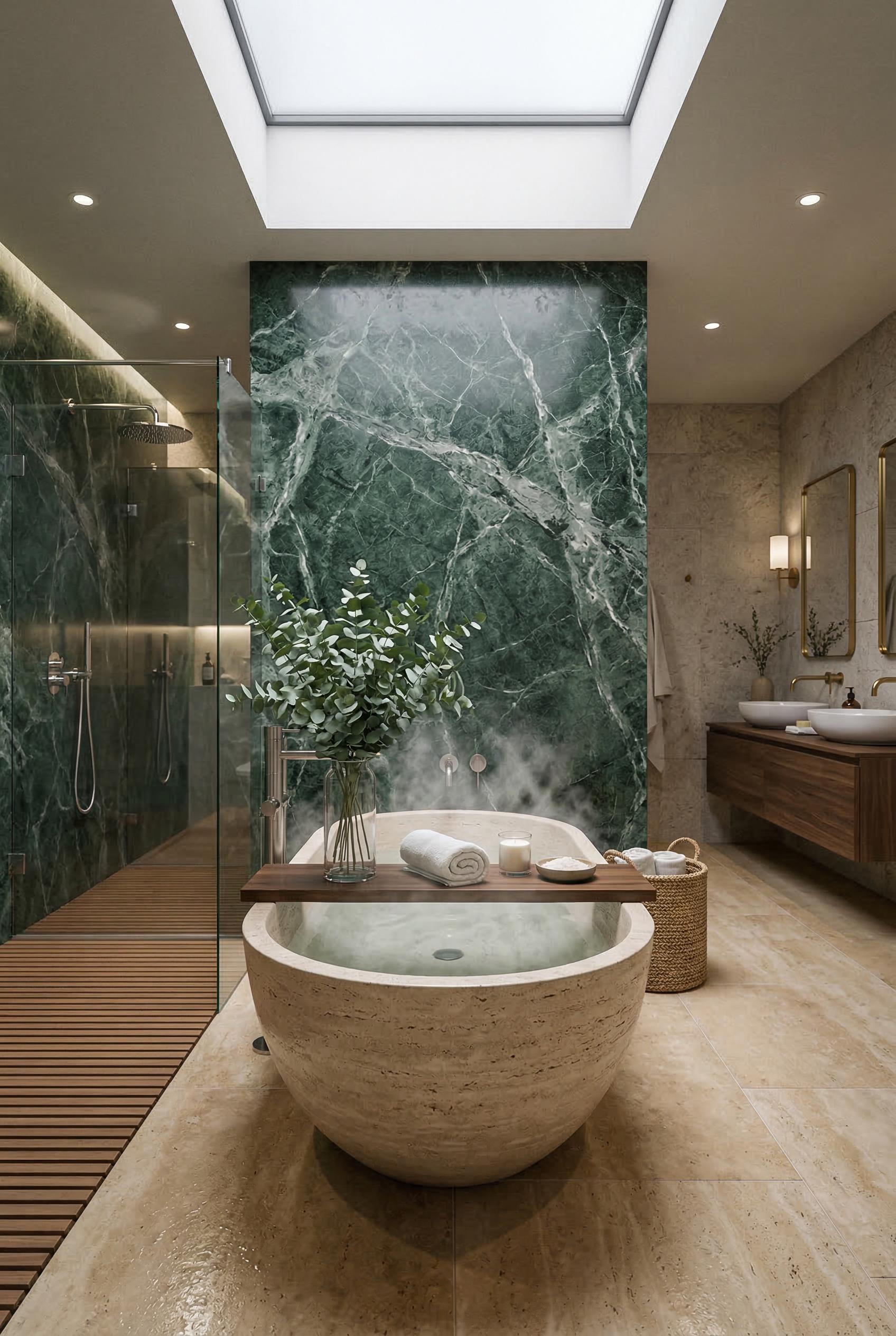A luxurious spa-like bathroom featuring a freestanding sculptural stone bathtub in natural beige travertine, positioned