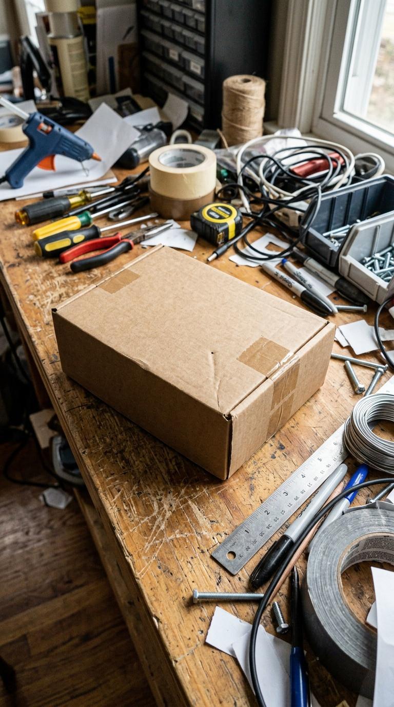 Amateur handheld phone photo of plain product packaging on a cluttered work table, imperfect angle a