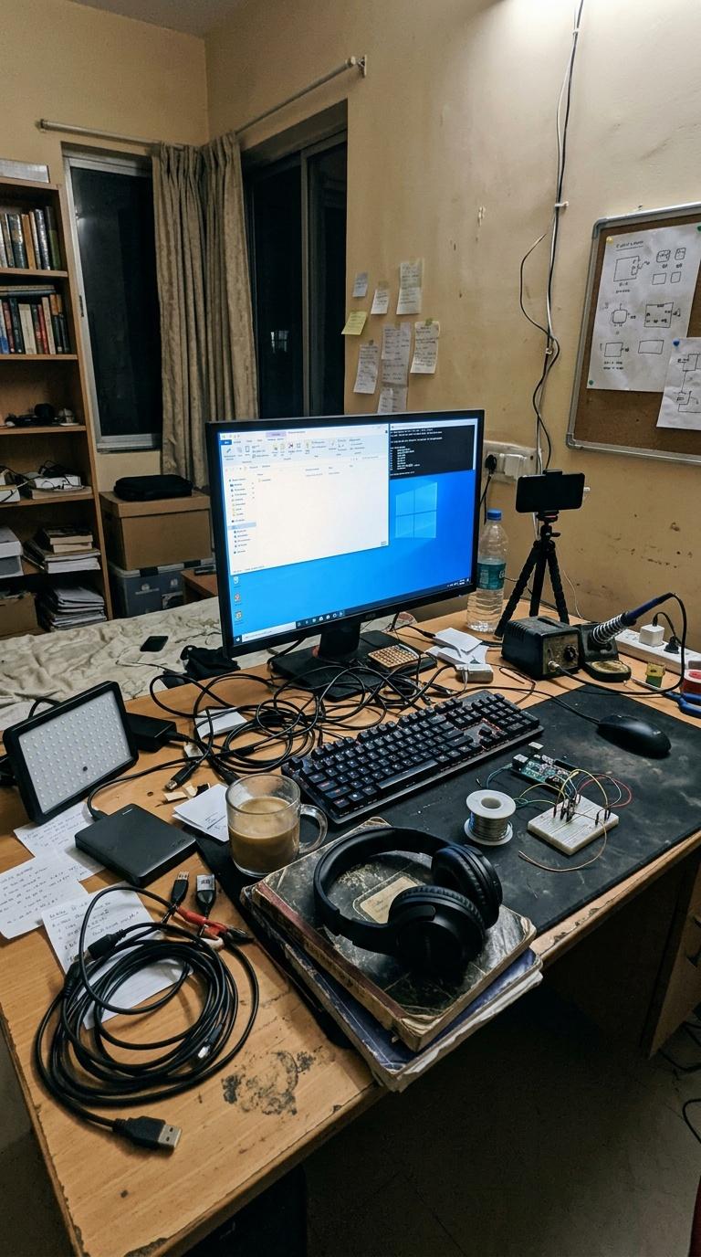 Amateur handheld phone photo of a creator's cluttered desk setup before branding and styling, imperfect pho...