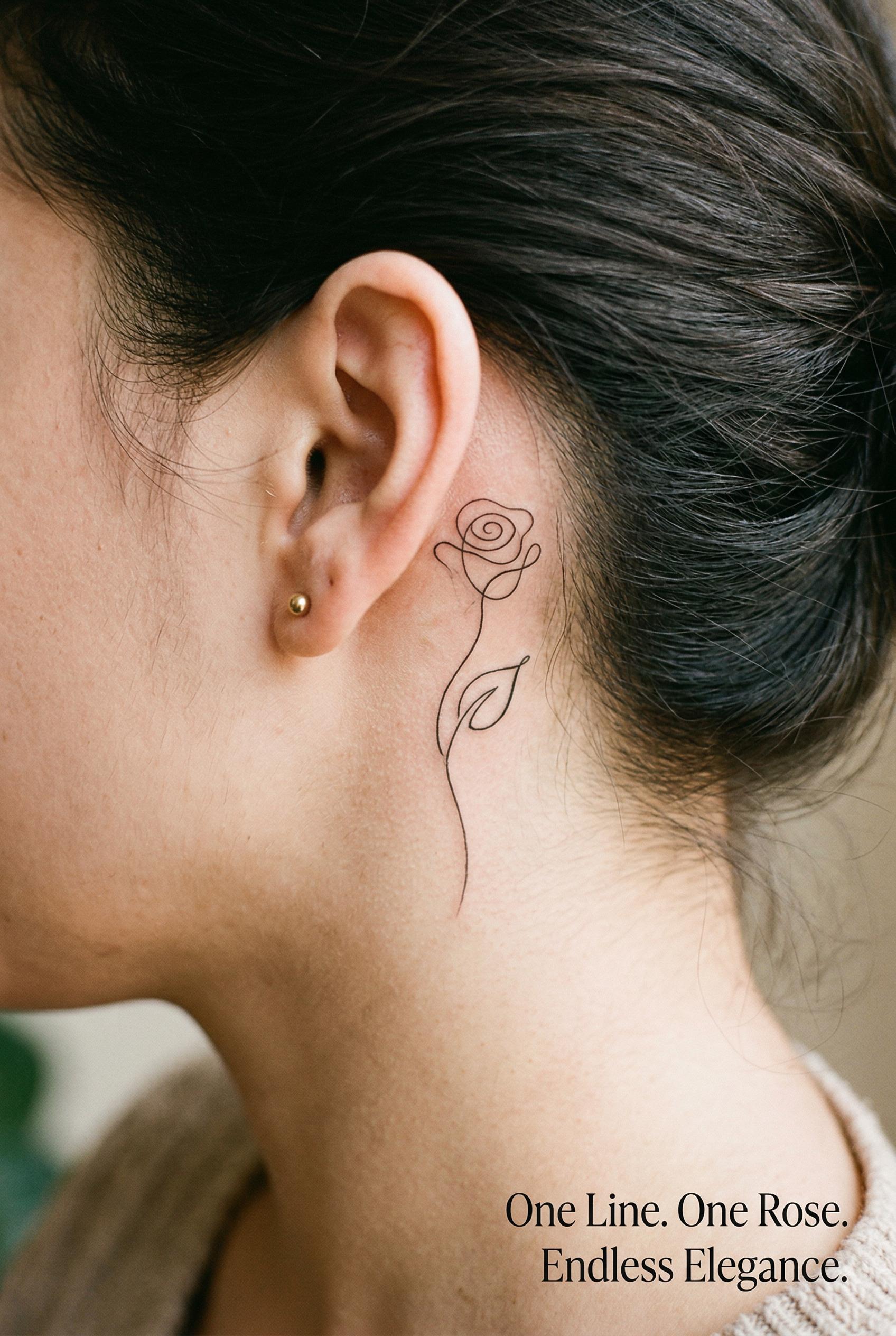 A single continuous-line rose tattoo behind the ear, drawn with one unbroken ultra-thin black line that forms the comple