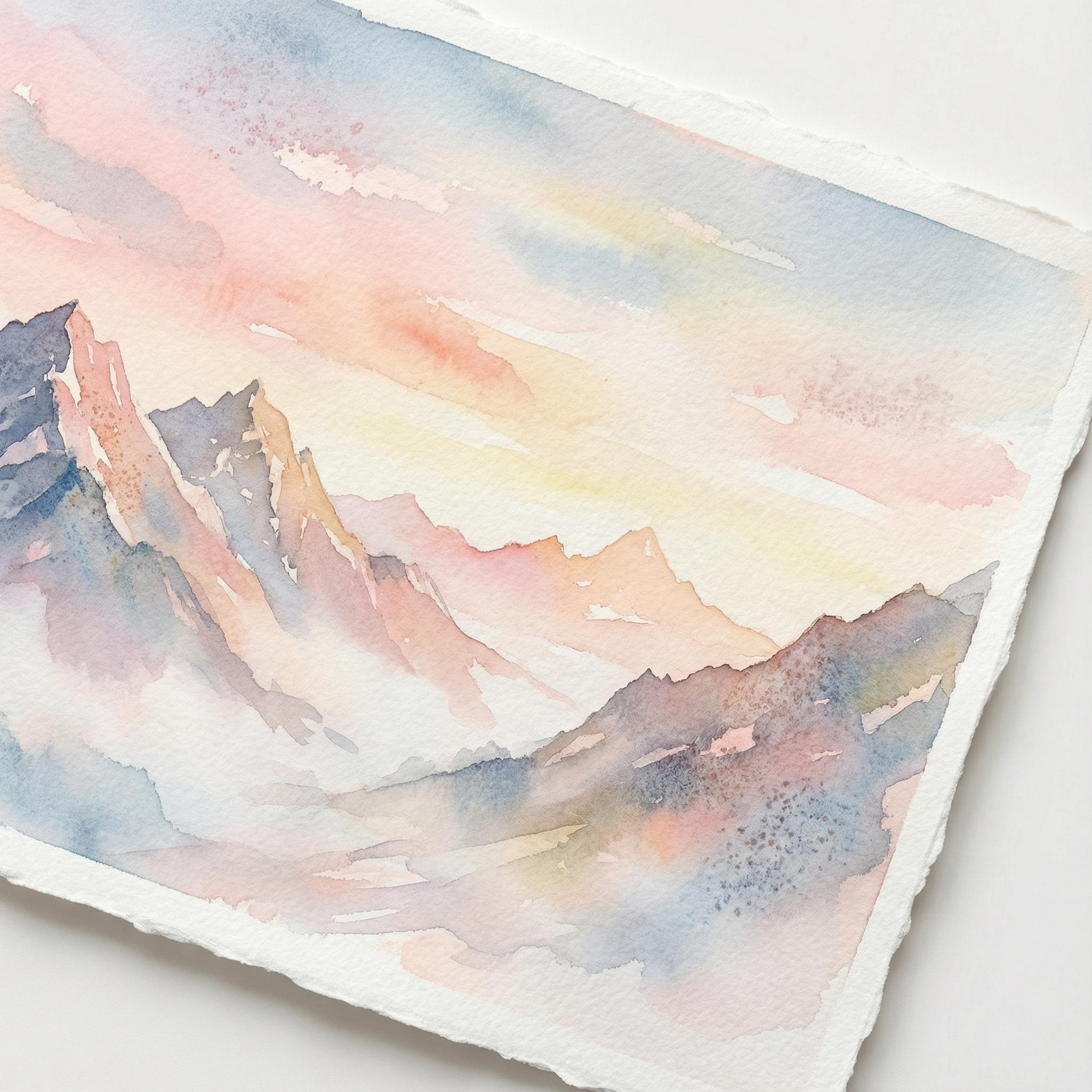 Watercolor landscape of alpine mountains at sunrise, soft pastel sky wash, granulation texture, deli