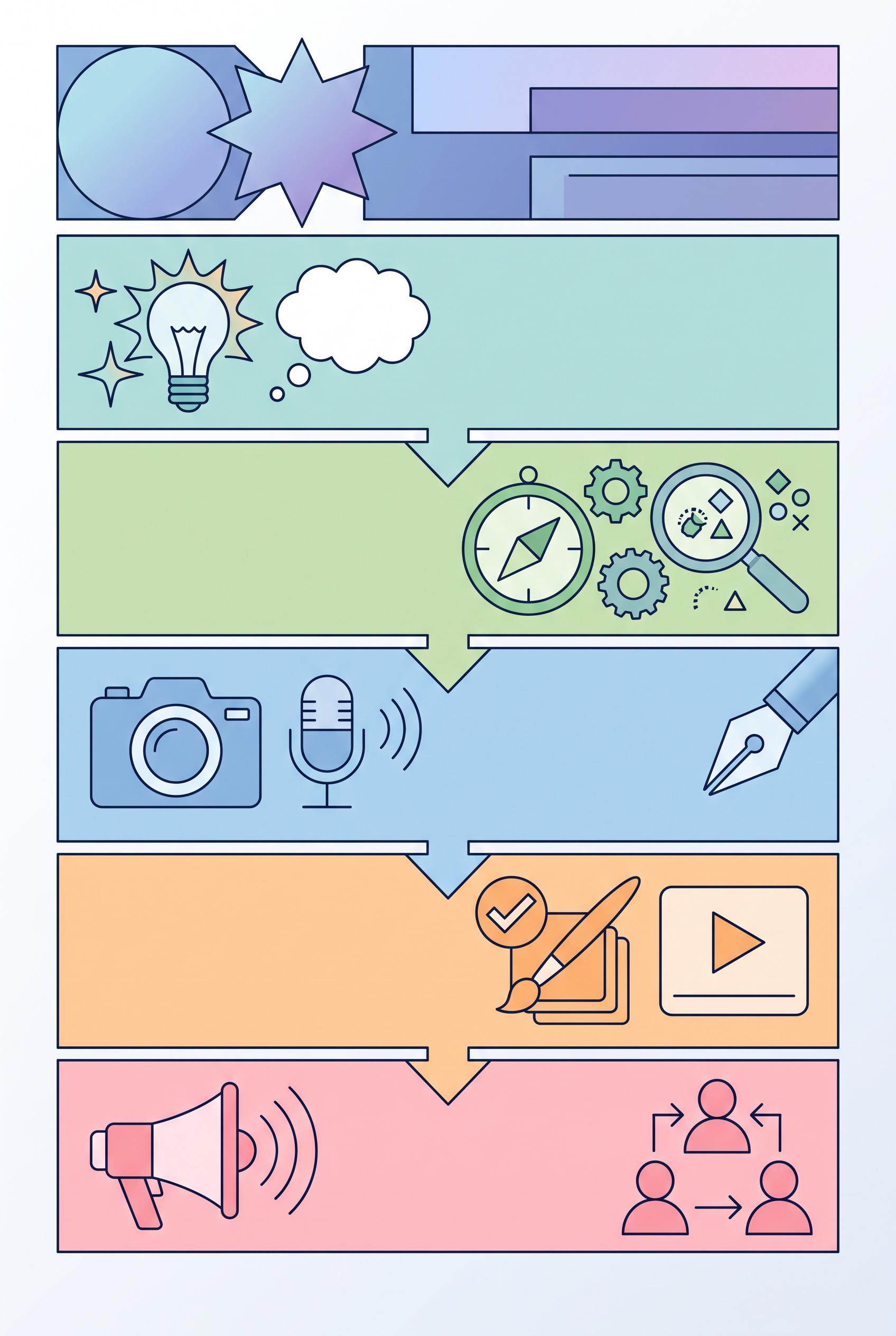 Design a vibrant vertical 2:3 infographic that outlines a five-step content creation strategy for cr
