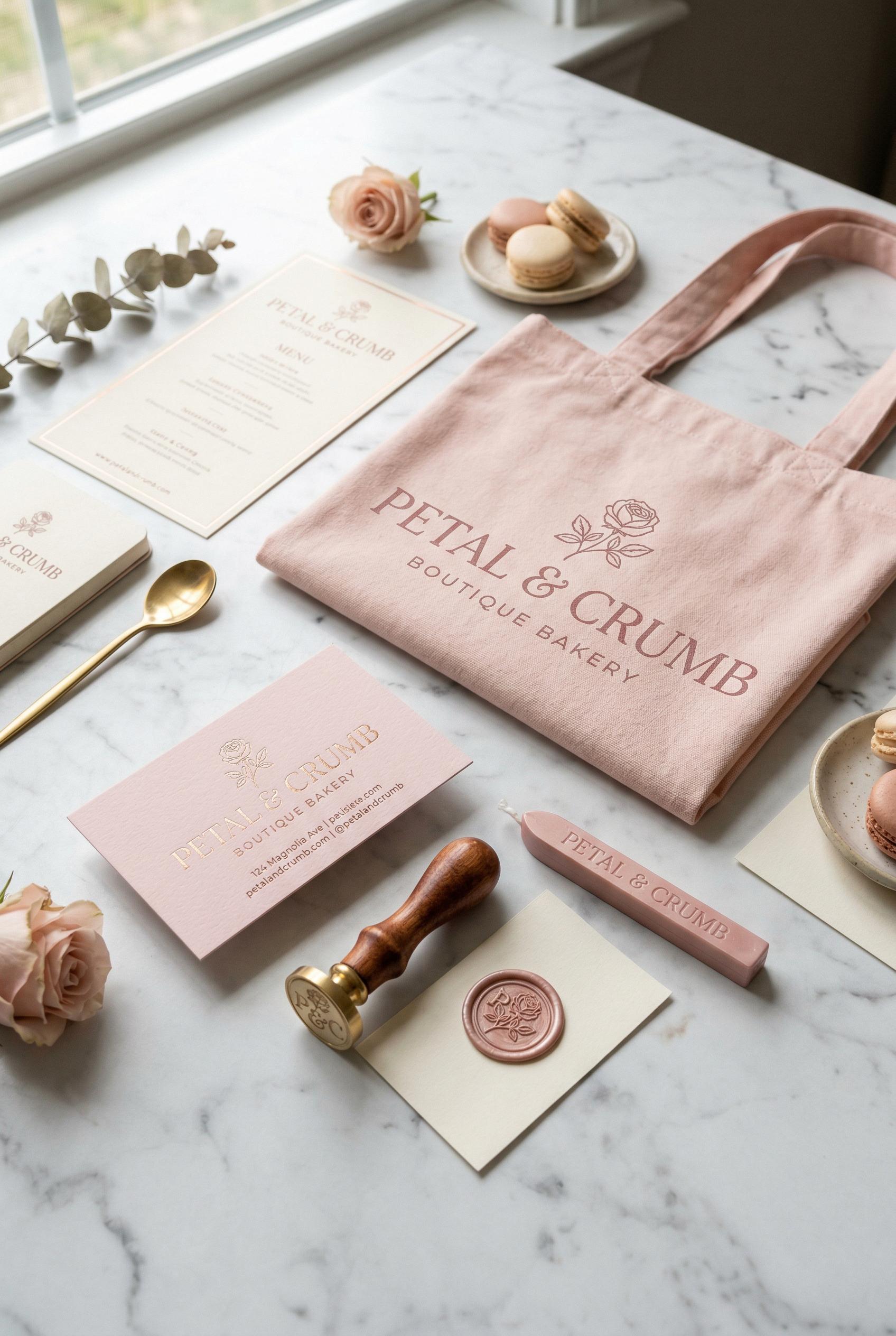 A complete brand identity suite mockup for a boutique bakery arranged on a white Carrara marble surface, featuring a pas