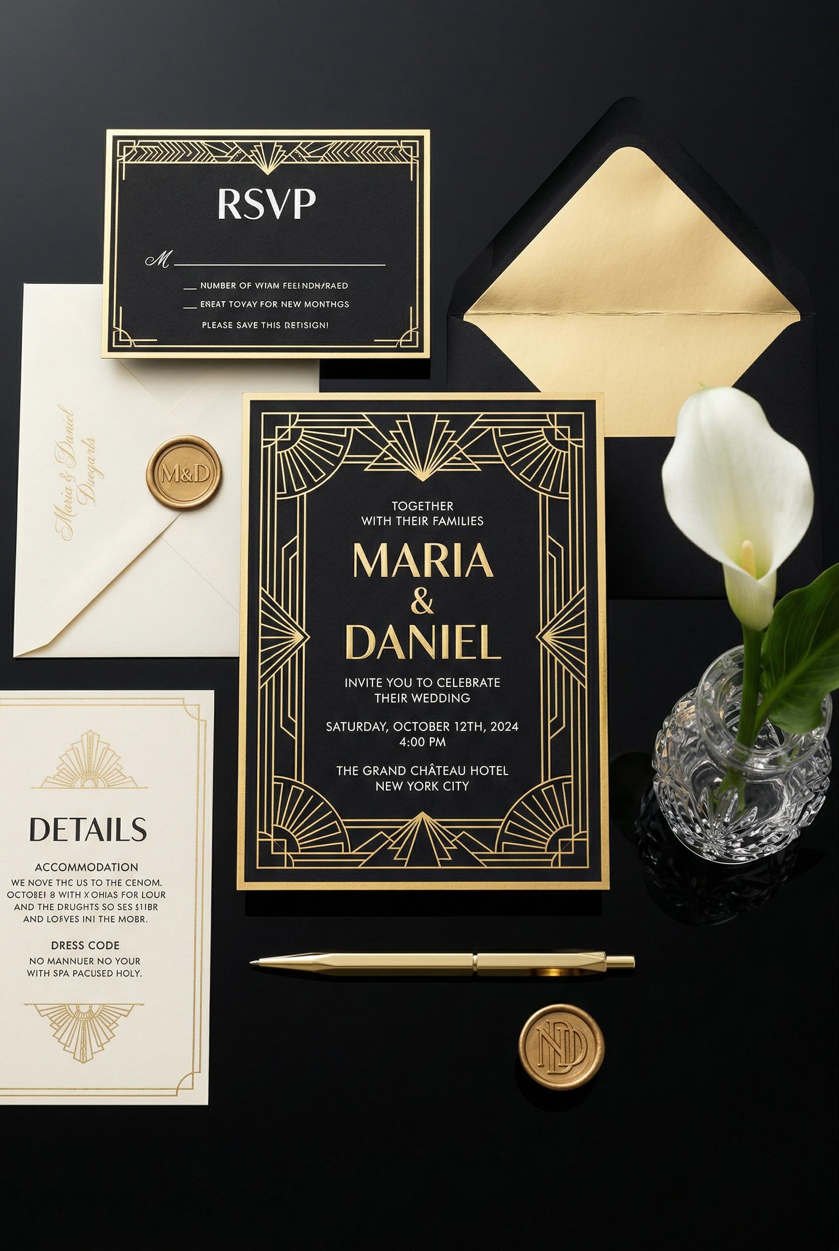 A Neo Deco Art Deco 2.0 wedding invitation suite displayed in a flat lay arrangement on a polished b