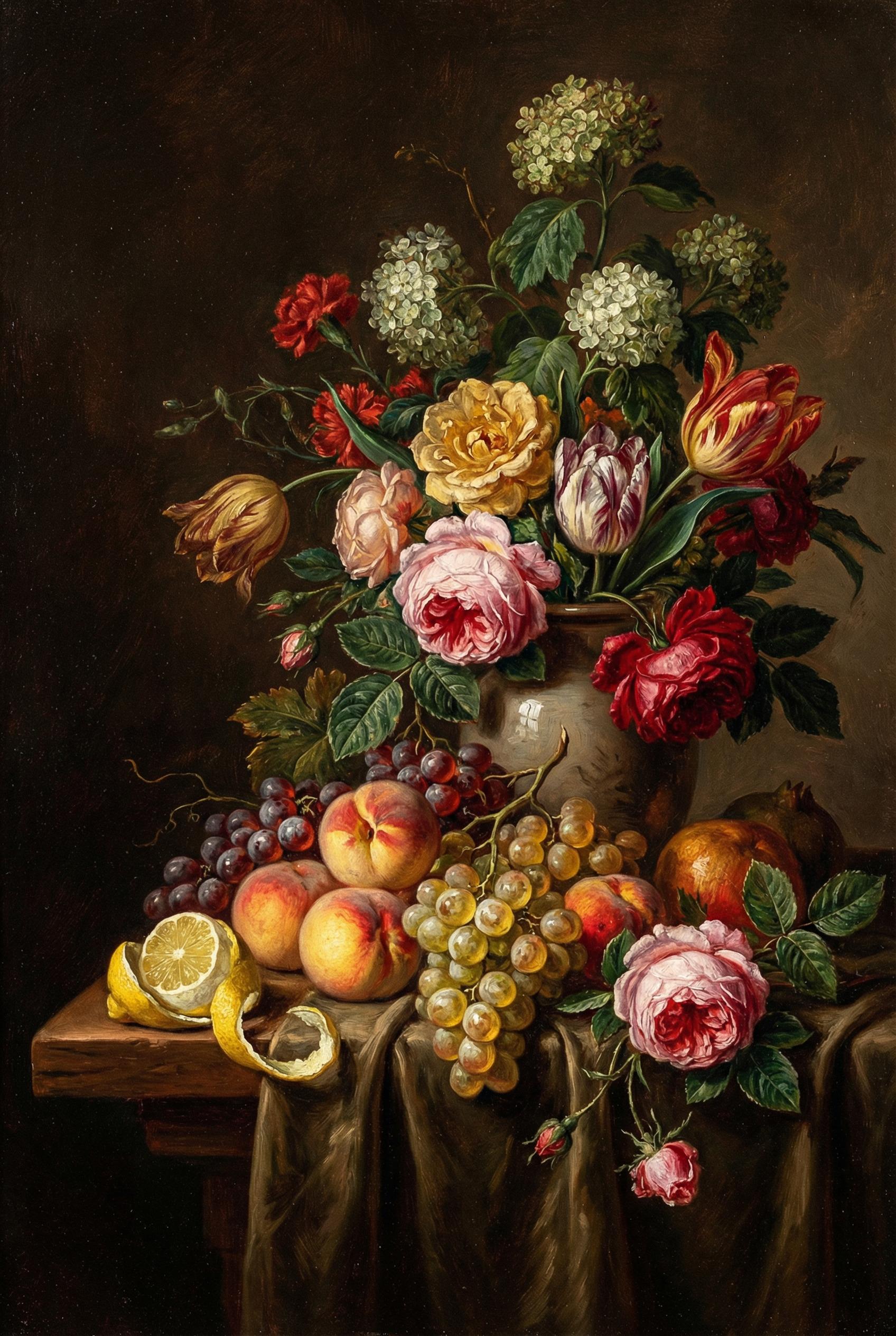 Still life oil painting of fruit and flowers in classical Dutch style, dramatic side lighting creating deep shadows, ric