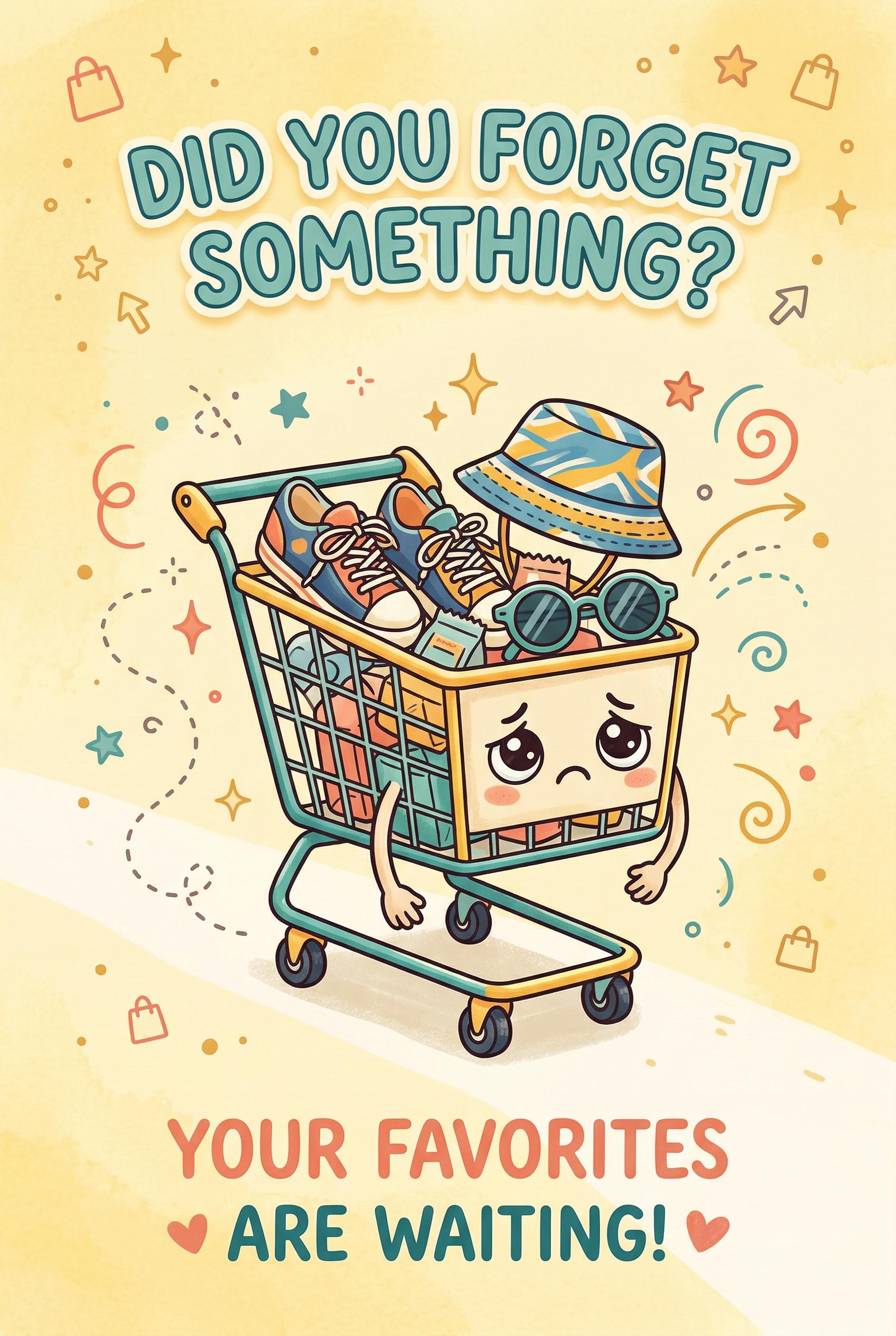 A playful abandoned cart email header design with a soft sunny yellow background, featuring a charming hand-drawn illust