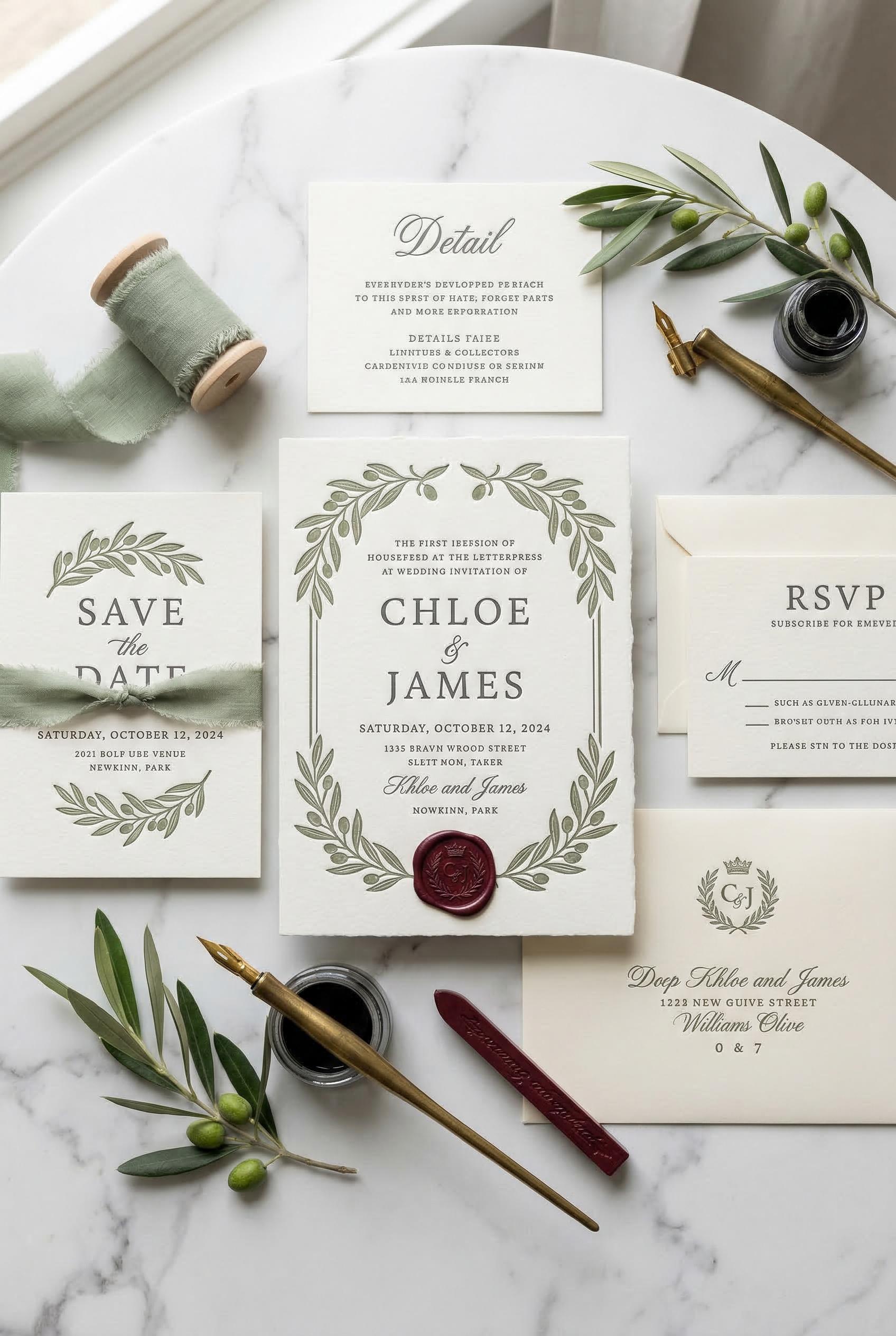An elegant letterpress wedding invitation suite arranged in a flat lay composition on a polished white marble surface, f