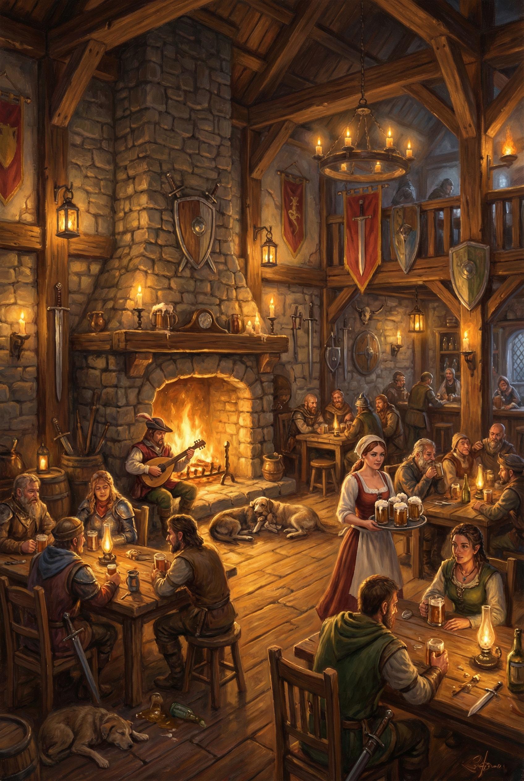 Medieval fantasy tavern interior, warm fireplace glow, wooden beams and stone walls, adventurers gat