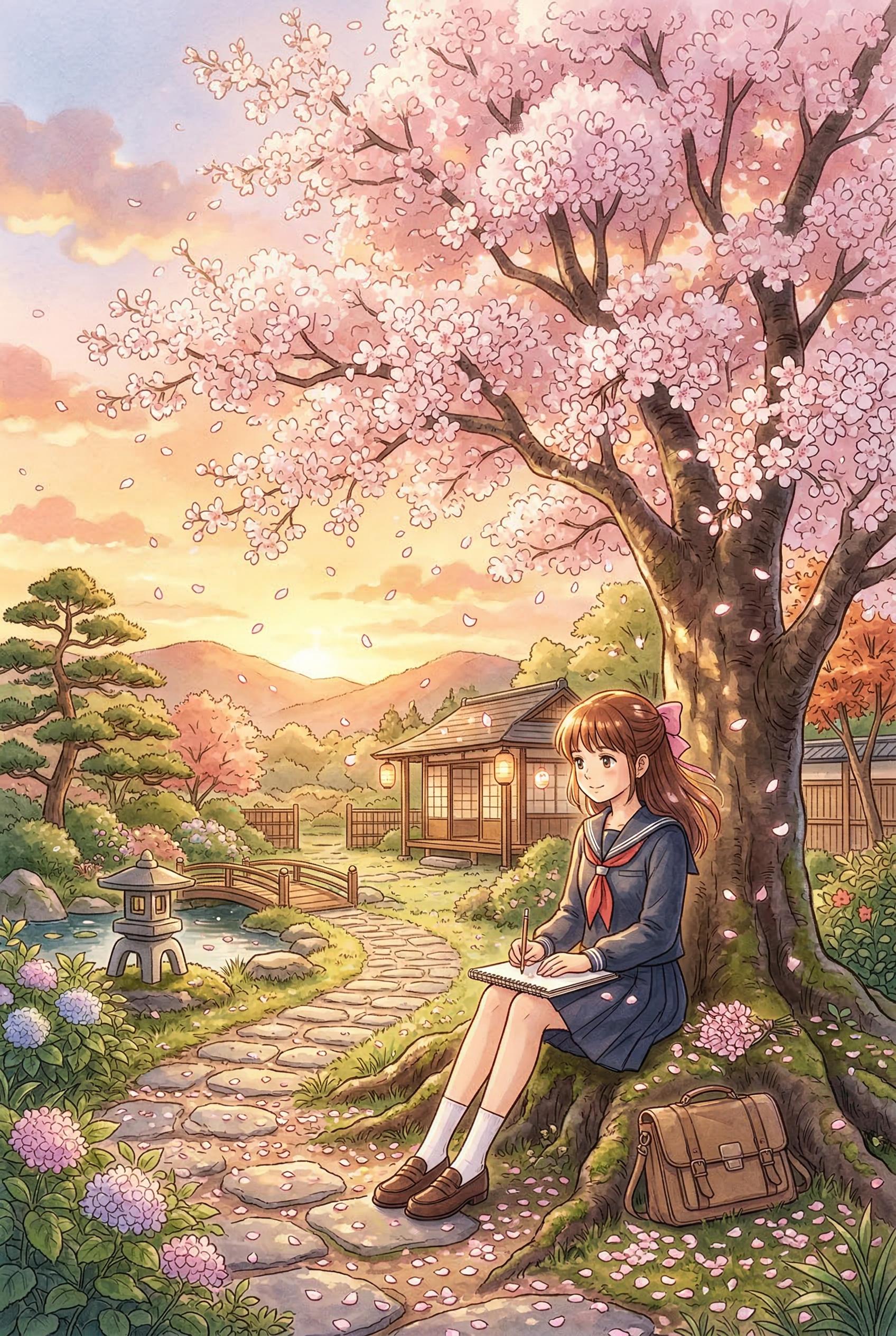 An anime girl sitting under a cherry blossom tree in full bloom, petals falling gently, soft golden sunset light, a peac