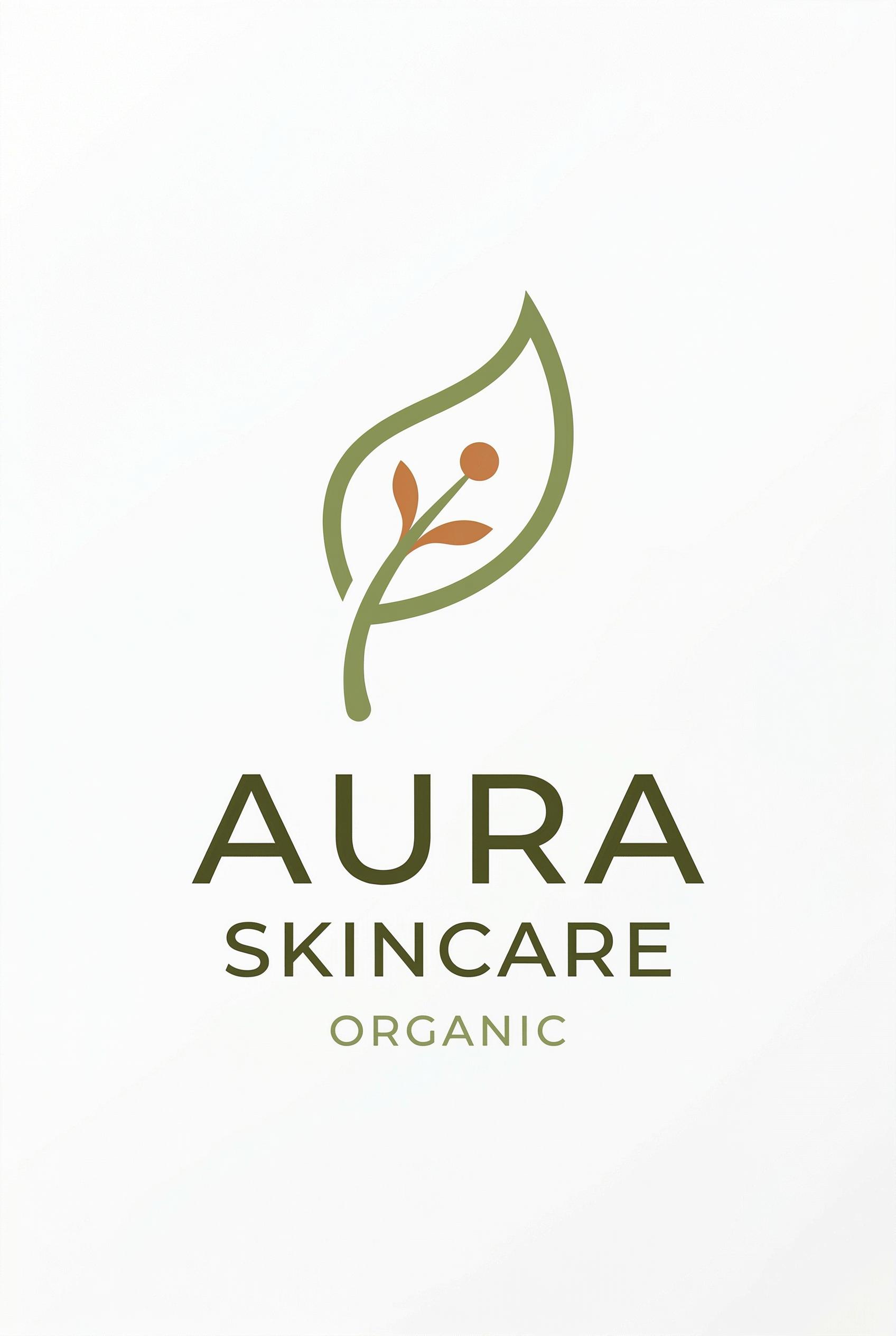 Minimalist logo concept for an organic skincare brand, leaf motif, earth tones, clean vector style on white background
