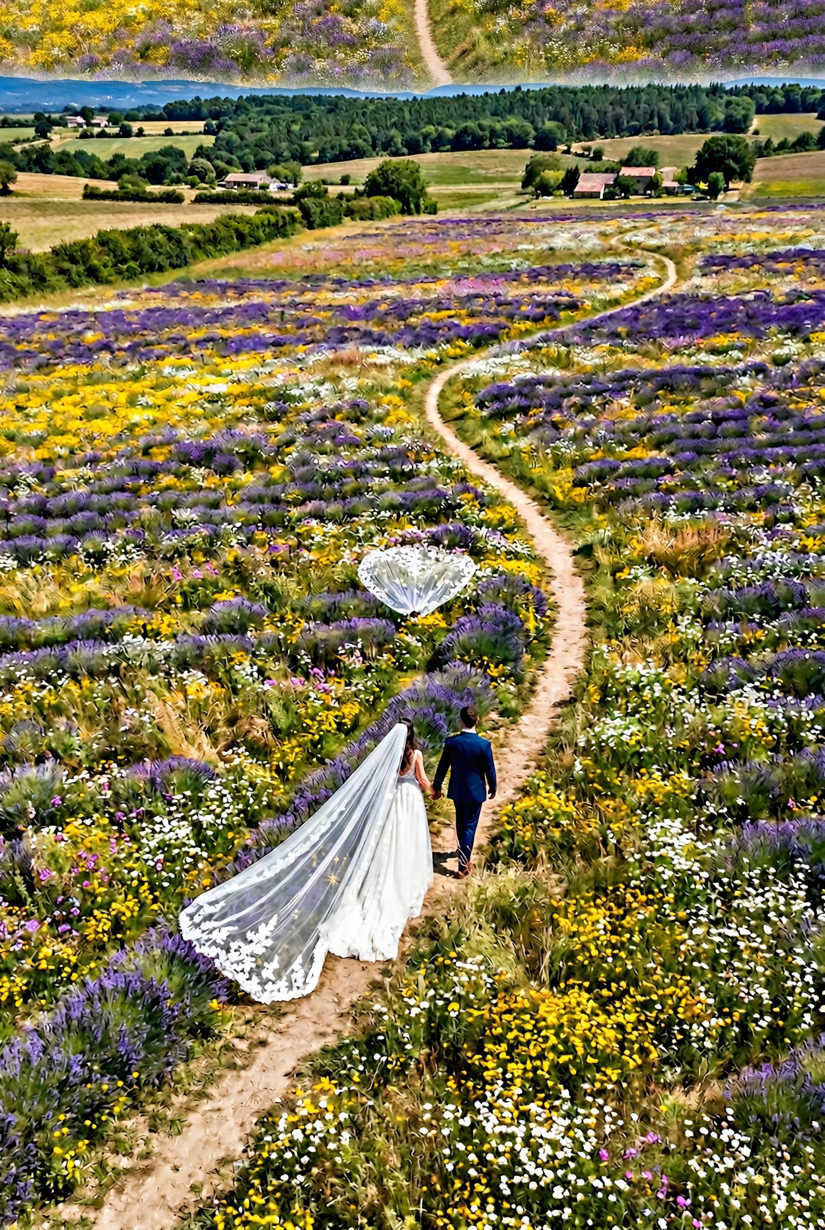 An aerial drone photograph shot directly from above, showing a bride and groom walking hand-in-hand across a vast wildfl