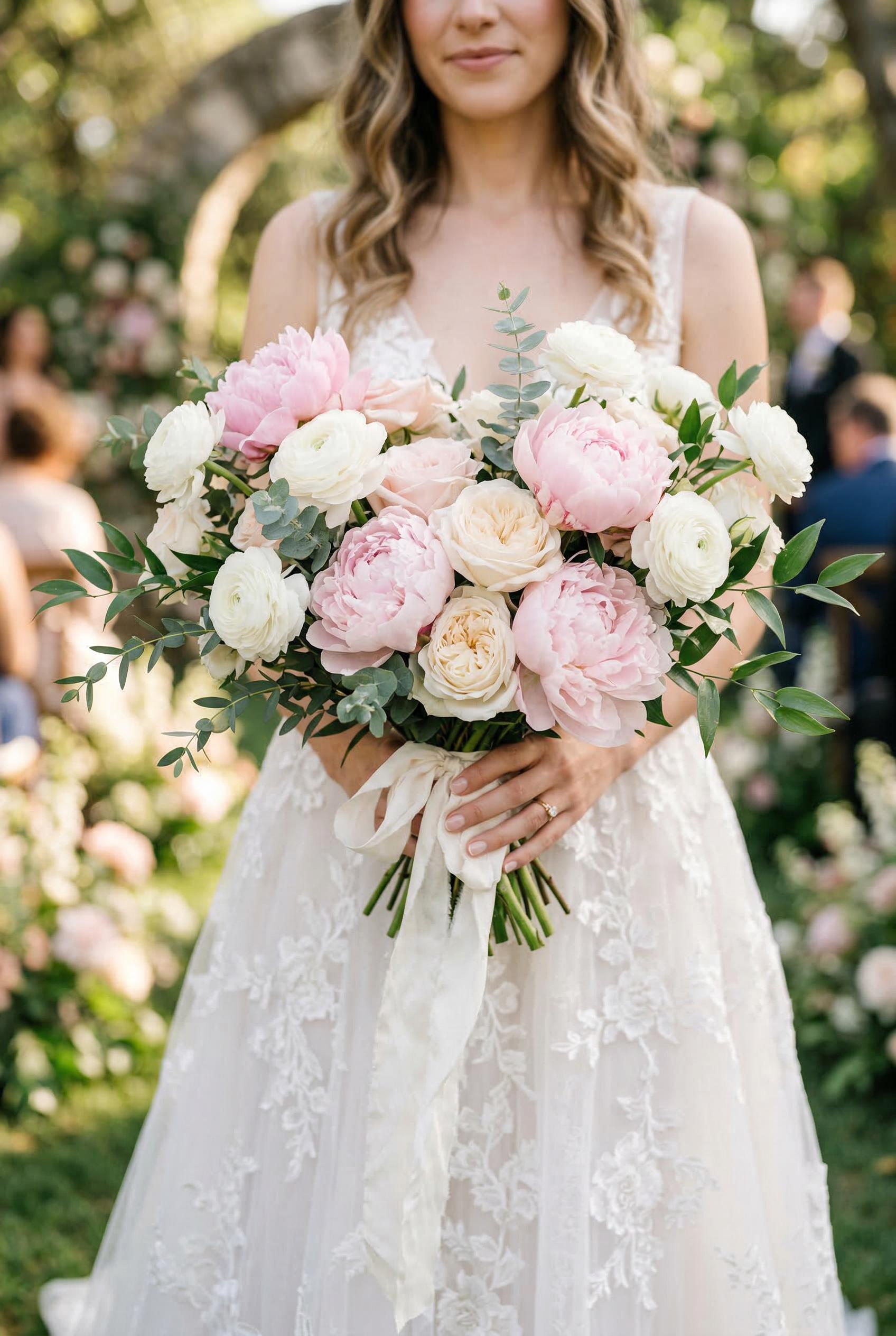 A romantic bridal bouquet of soft pink peonies, cream garden roses, white ranunculus, trailing eucalyptus and Italian ru
