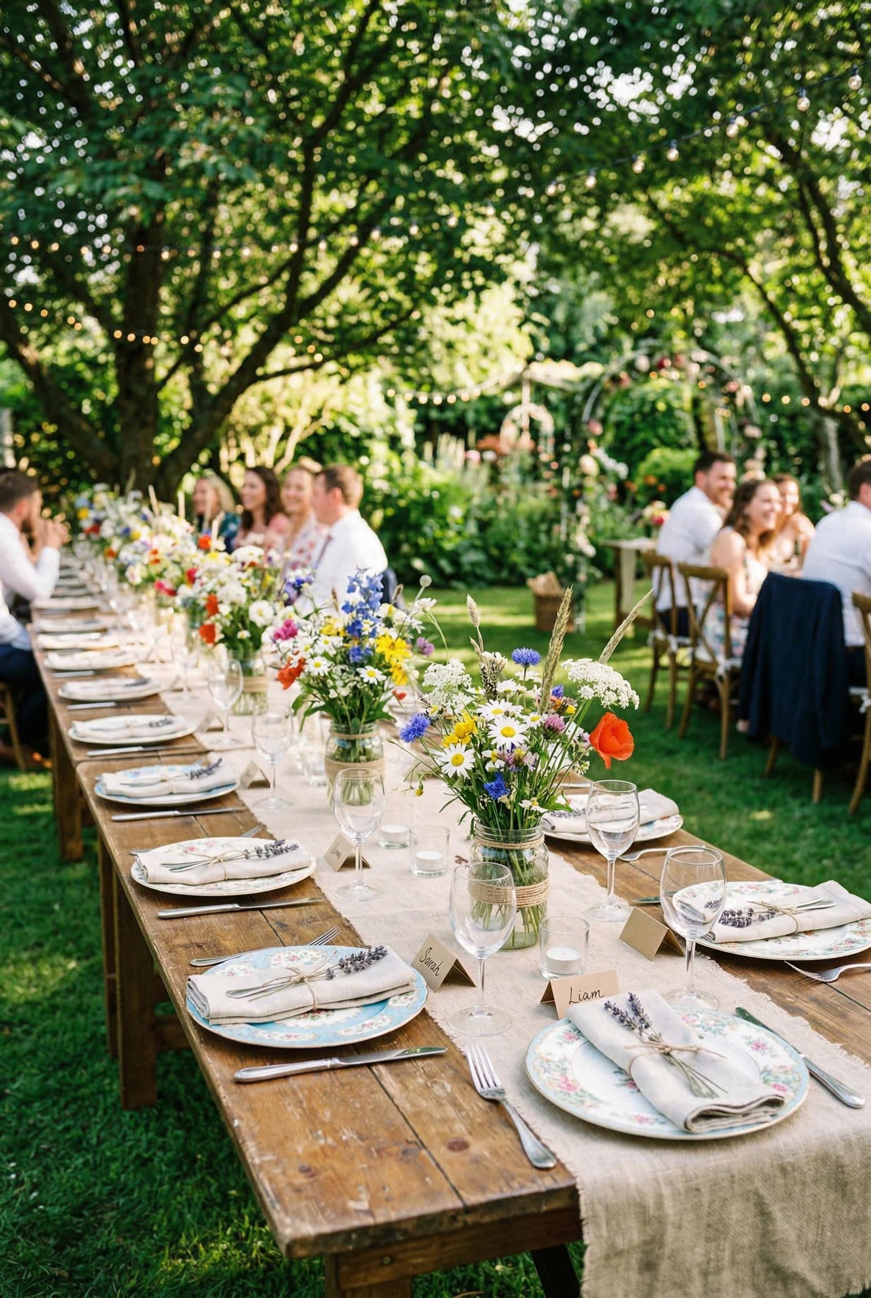 An outdoor garden wedding dinner table set on a green lawn under a canopy of trees, featuring charming mismatched vintag