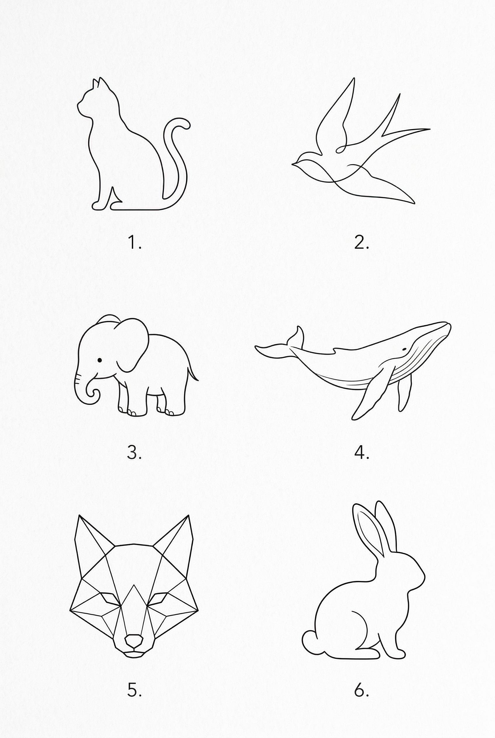 A clean 2x3 grid layout of 6 minimalist animal tattoo designs on a white background, evenly spaced: (1) sitting cat silh