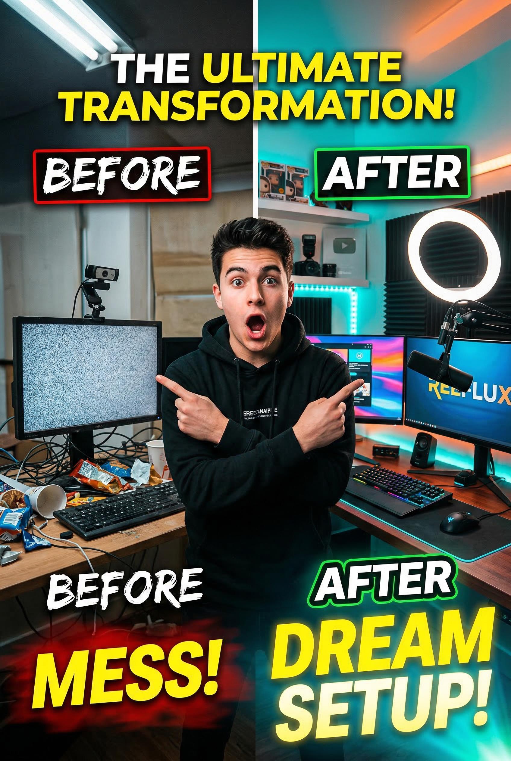 A split-composition YouTube thumbnail with the left side showing a cluttered messy desk with harsh unflattering overhead