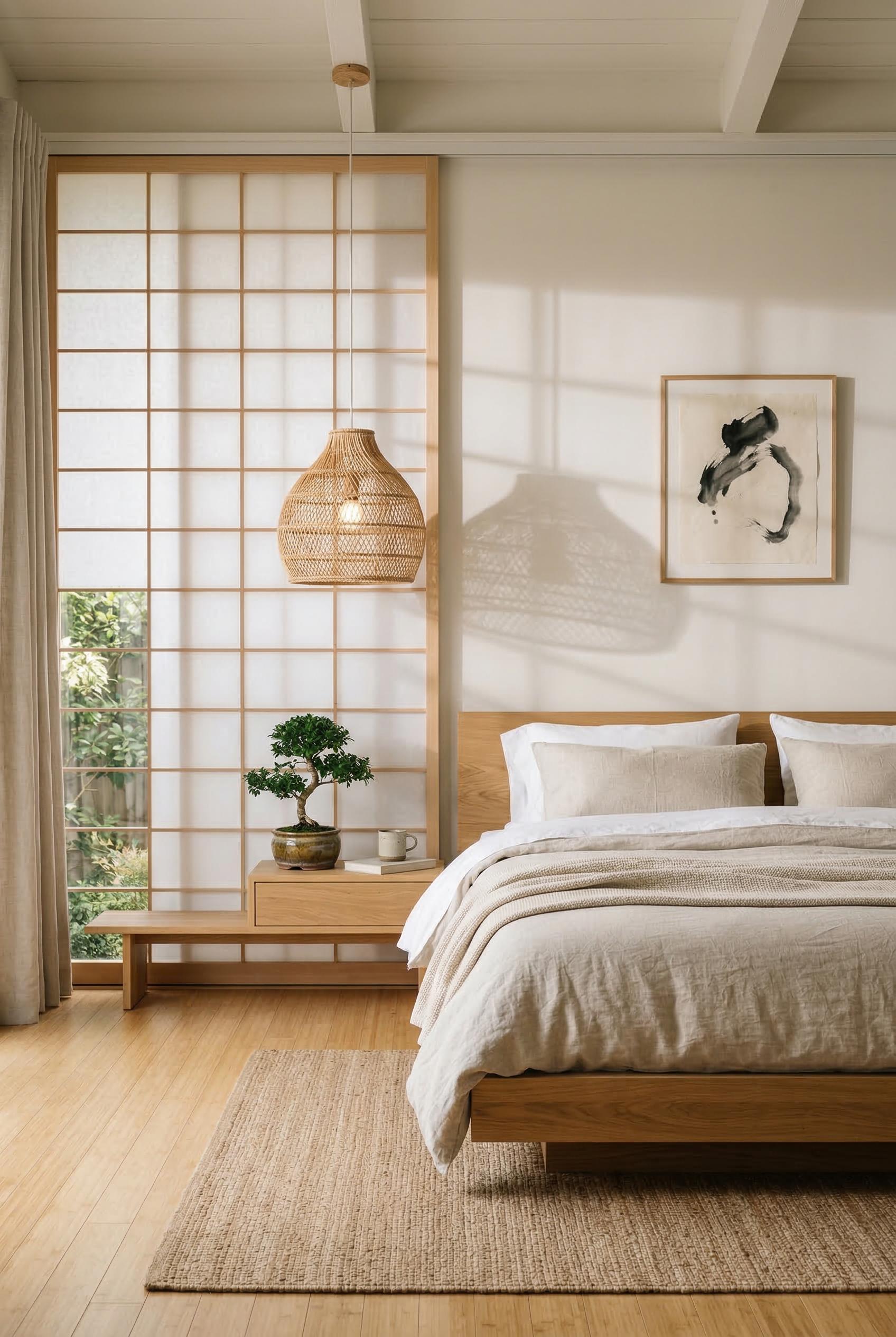 A serene Japandi-style bedroom with a low natural oak platform bed dressed in neutral oatmeal and wh