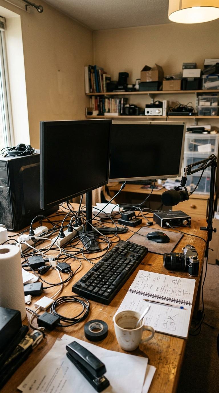 Amateur handheld phone photo of a creator's cluttered desk setup before branding and styling, imperfect pho...