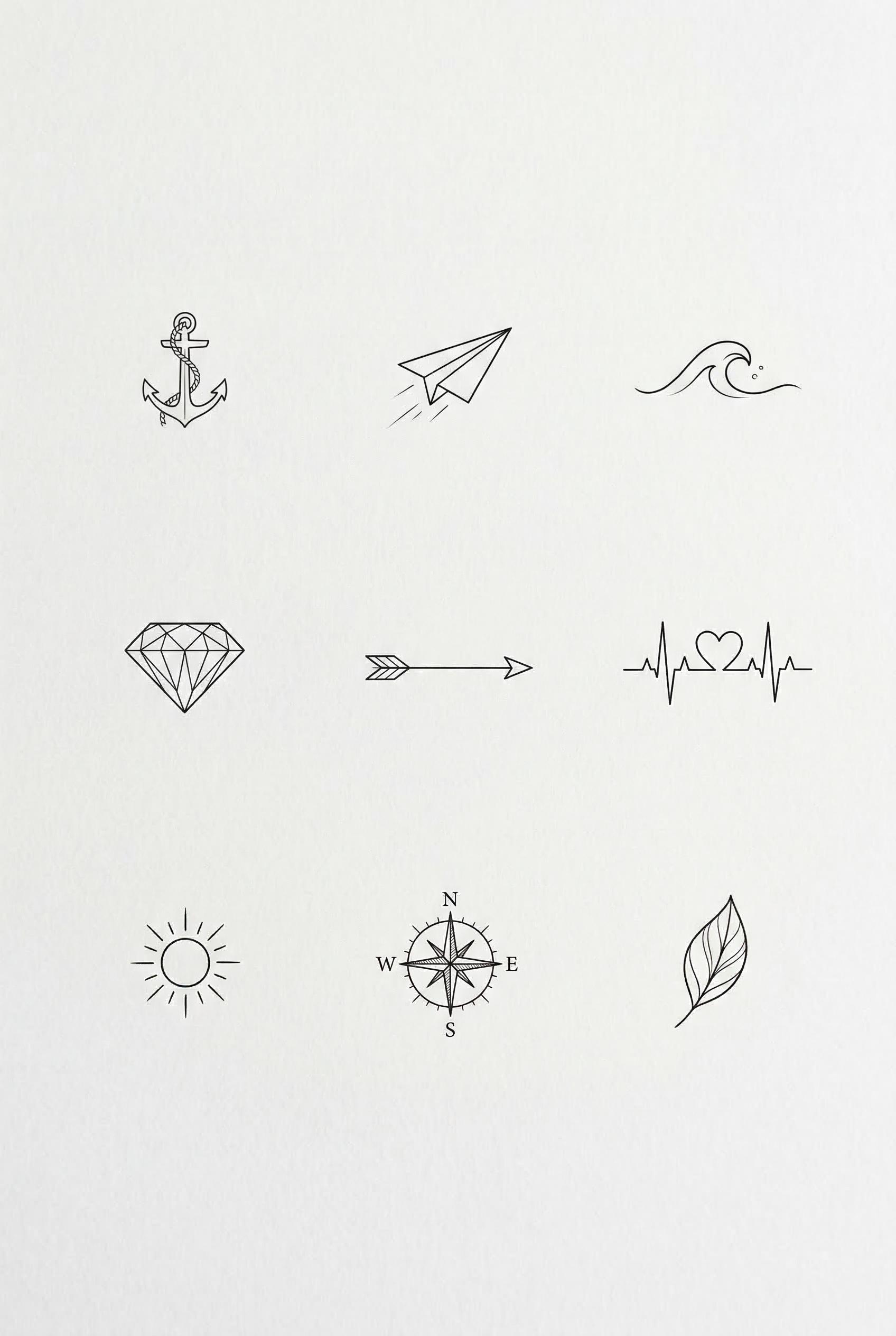 A clean 3x3 grid layout of 9 tiny fine-line tattoo designs on a white background, evenly spaced with minimal margins: (1