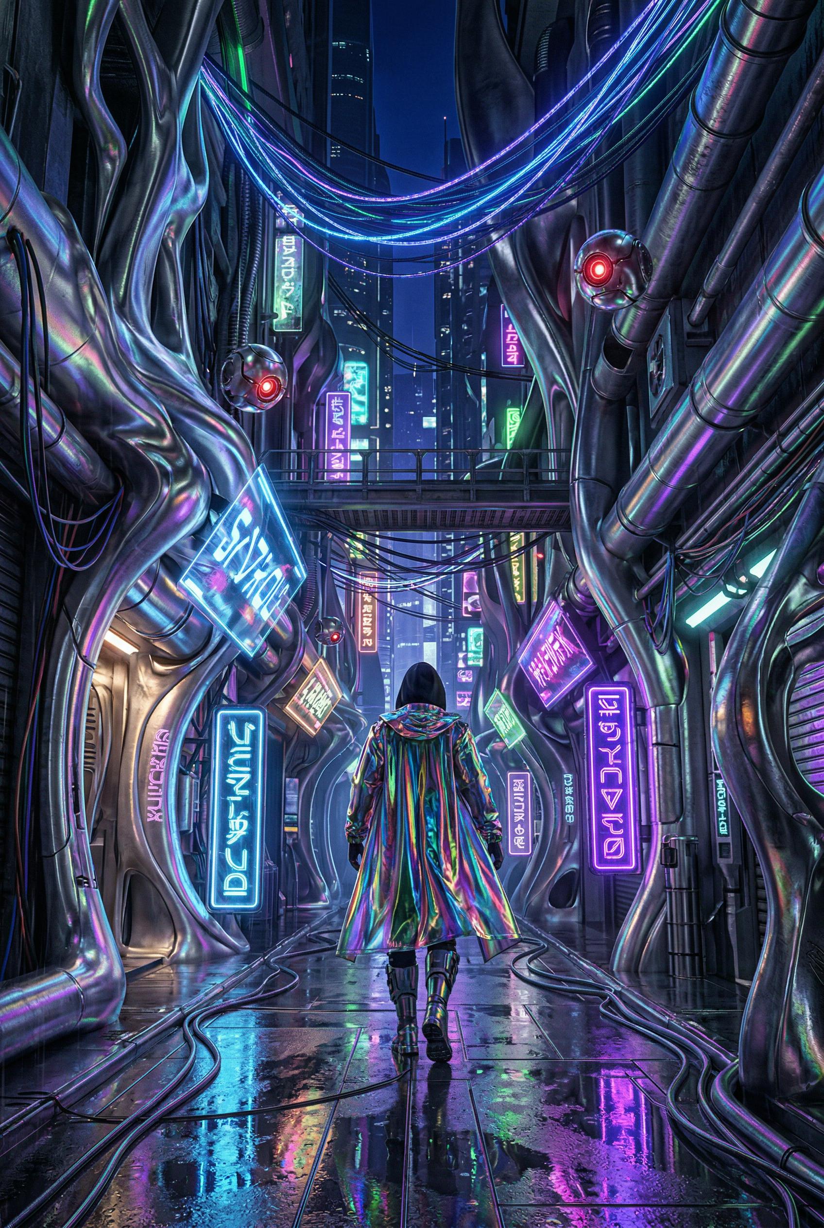 An alien core inspired cyberpunk street scene of a narrow alleyway in a futuristic megacity at night
