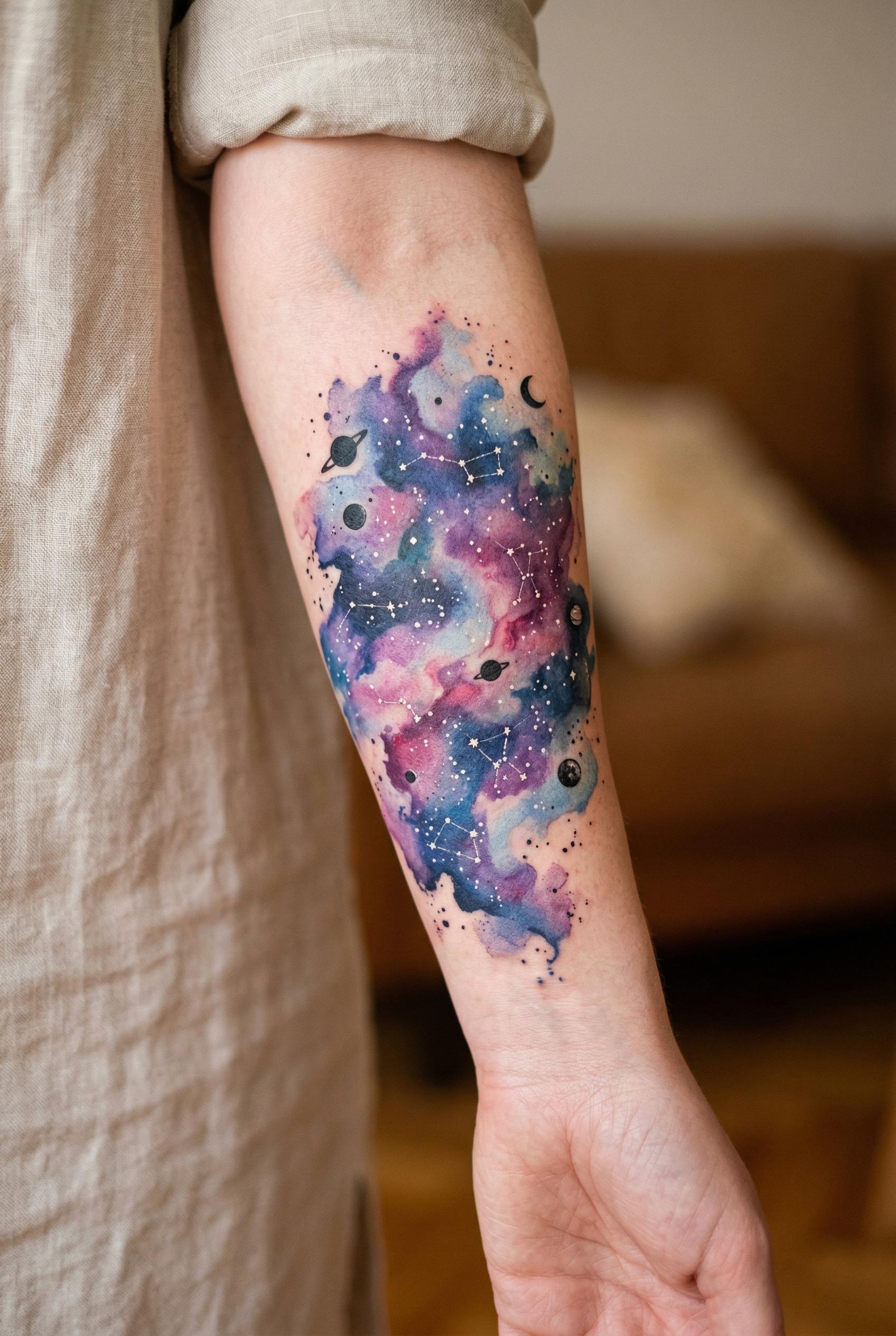 A watercolor galaxy tattoo on the inner forearm featuring swirling nebula clouds in rich purples, deep blues, and soft p