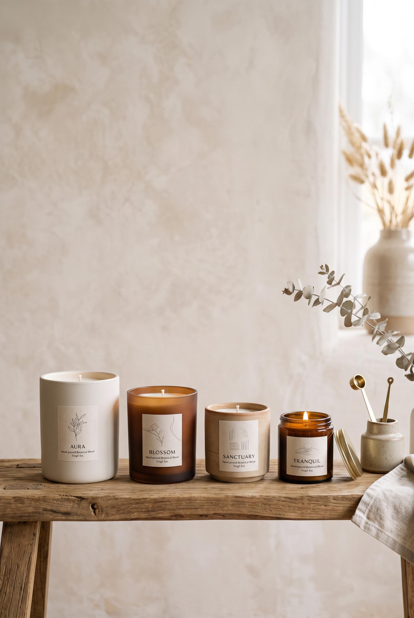 Create a vertical 2:3 composition featuring a clean, minimal design for an aromatic candle collectio