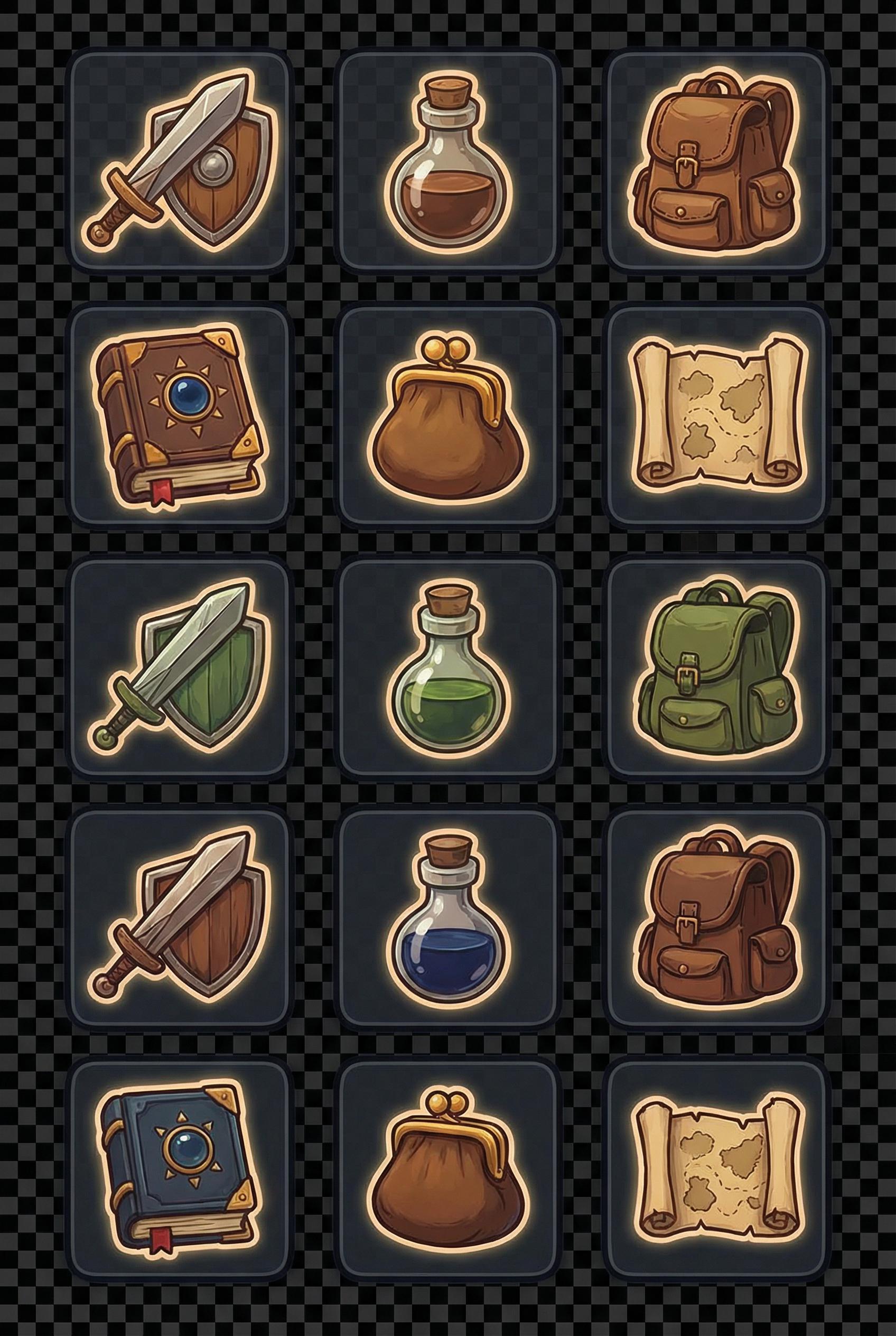 RPG UI icon set, consistent style, clear silhouettes, high readability at small sizes, subtle shadin