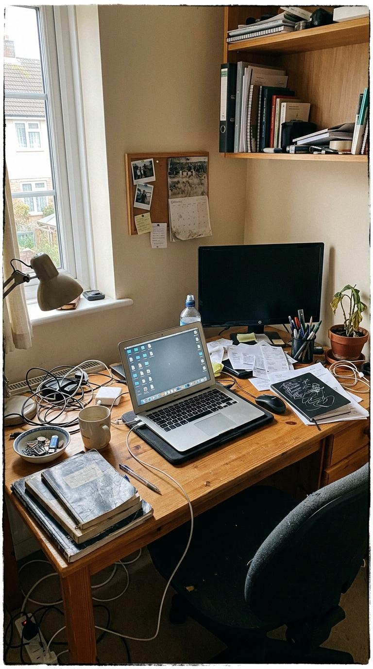 Amateur handheld phone photo of a slightly messy home desk area before redesign, imperfect wide-angle frami...