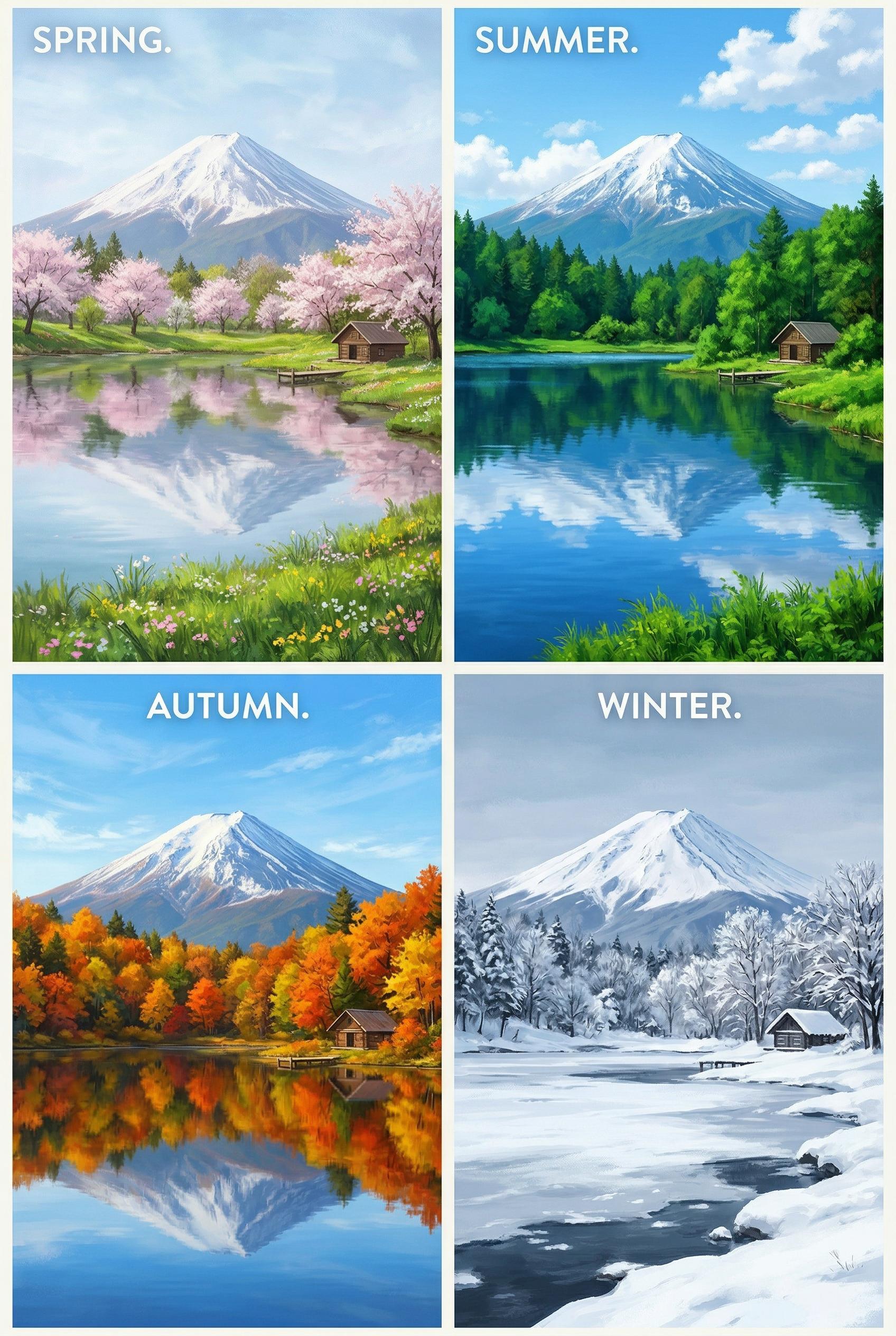 A 2x2 grid composition showing the exact same mountain lake landscape scene across four seasons, each panel with a disti