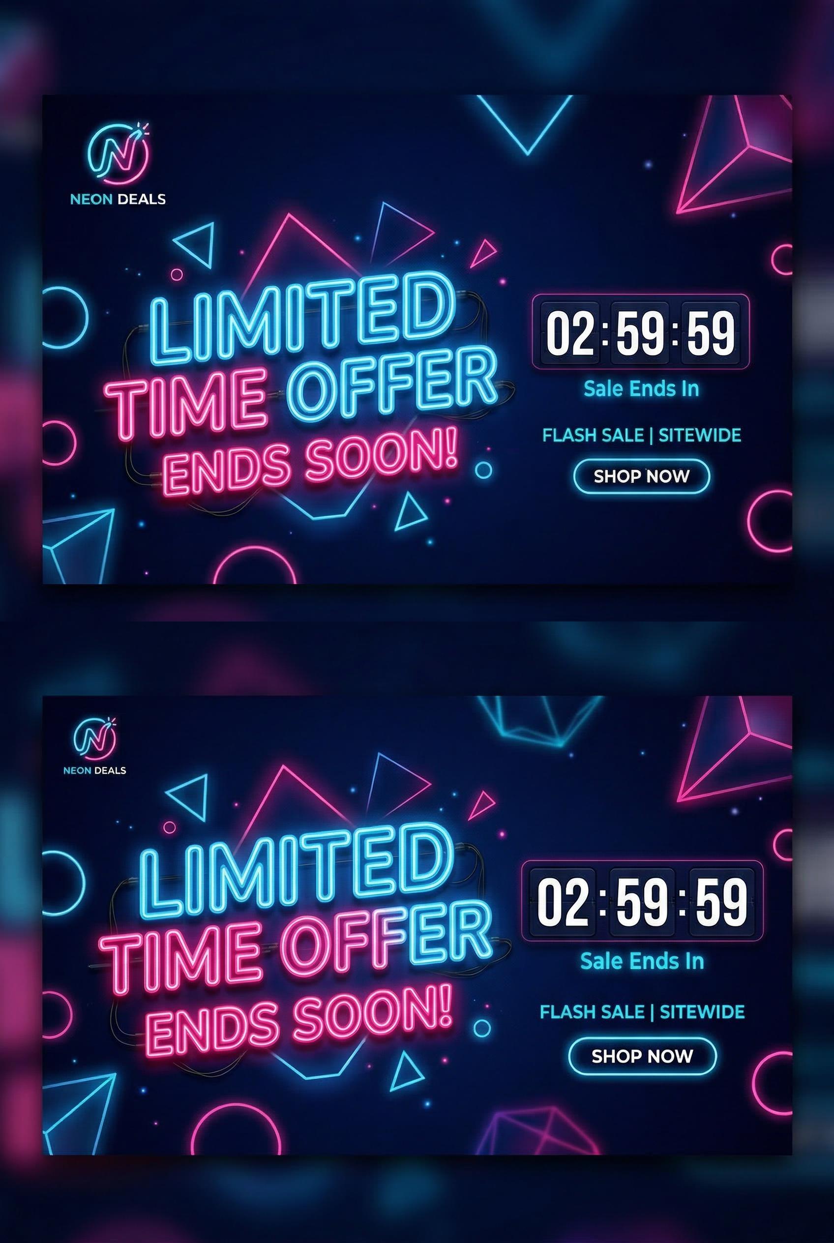 A bold email header banner design with a deep navy blue background, neon electric blue and hot pink glowing text effect