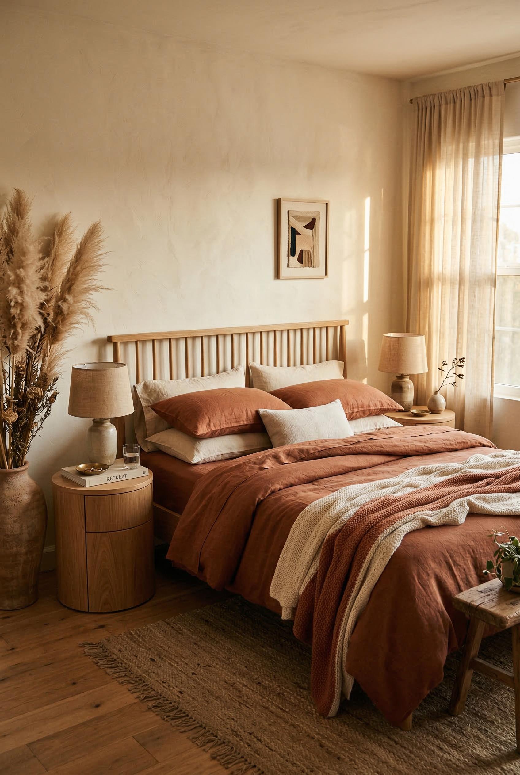 A warm and inviting bedroom with layered linen bedding in terracotta, burnt sienna, and cream tones on a king-size bed with a natural oak headboard. Two wooden nightstands with rounded edges hold ceramic table lamps with linen shades. Dried pampas grass in a tall clay vase sits in the corner. Soft ambient golden hour light streams through sheer curtains, casting warm shadows across the textured walls. A chunky knit throw blanket drapes casually over the bed. Moody editorial interior photography, shallow depth of field, warm color grading, ultra realistic. Render in Photorealistic style.