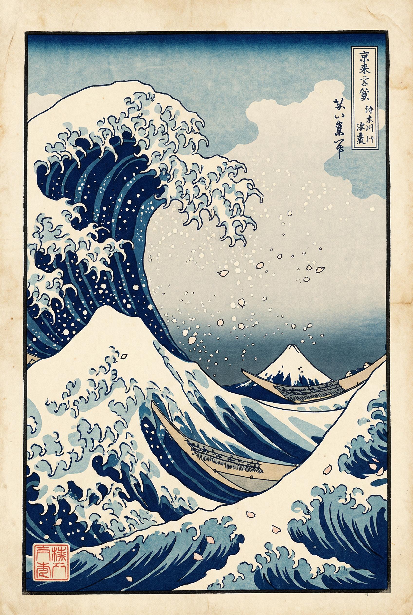 Hokusai Style AI image: A traditional Japanese ukiyo-e woodblock print featuring a massive crashing wave with Mount Fuji vis
