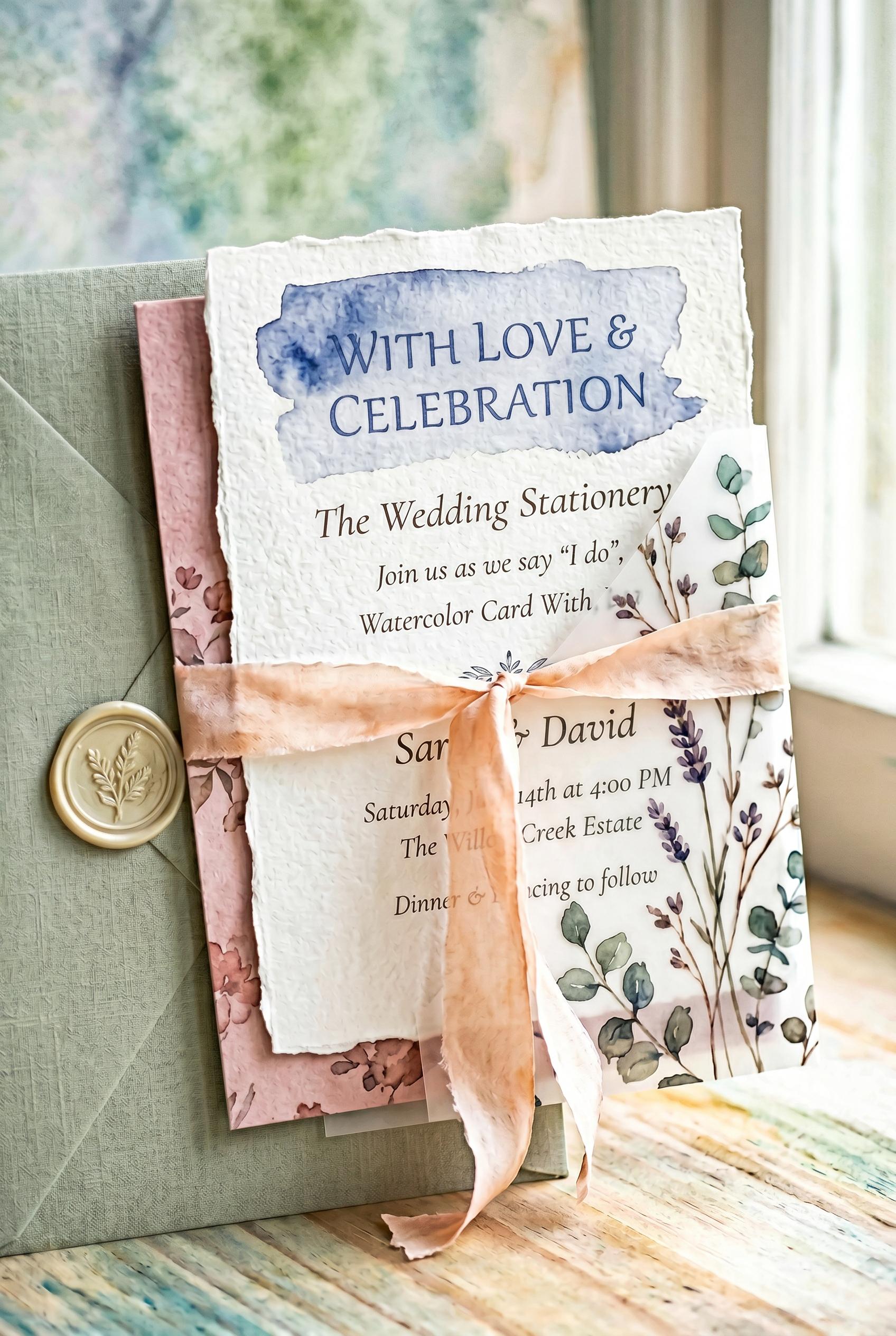 Pinterest-friendly wedding invitation ideas, editorial close-up with soft natural light, inspired by current trend signa