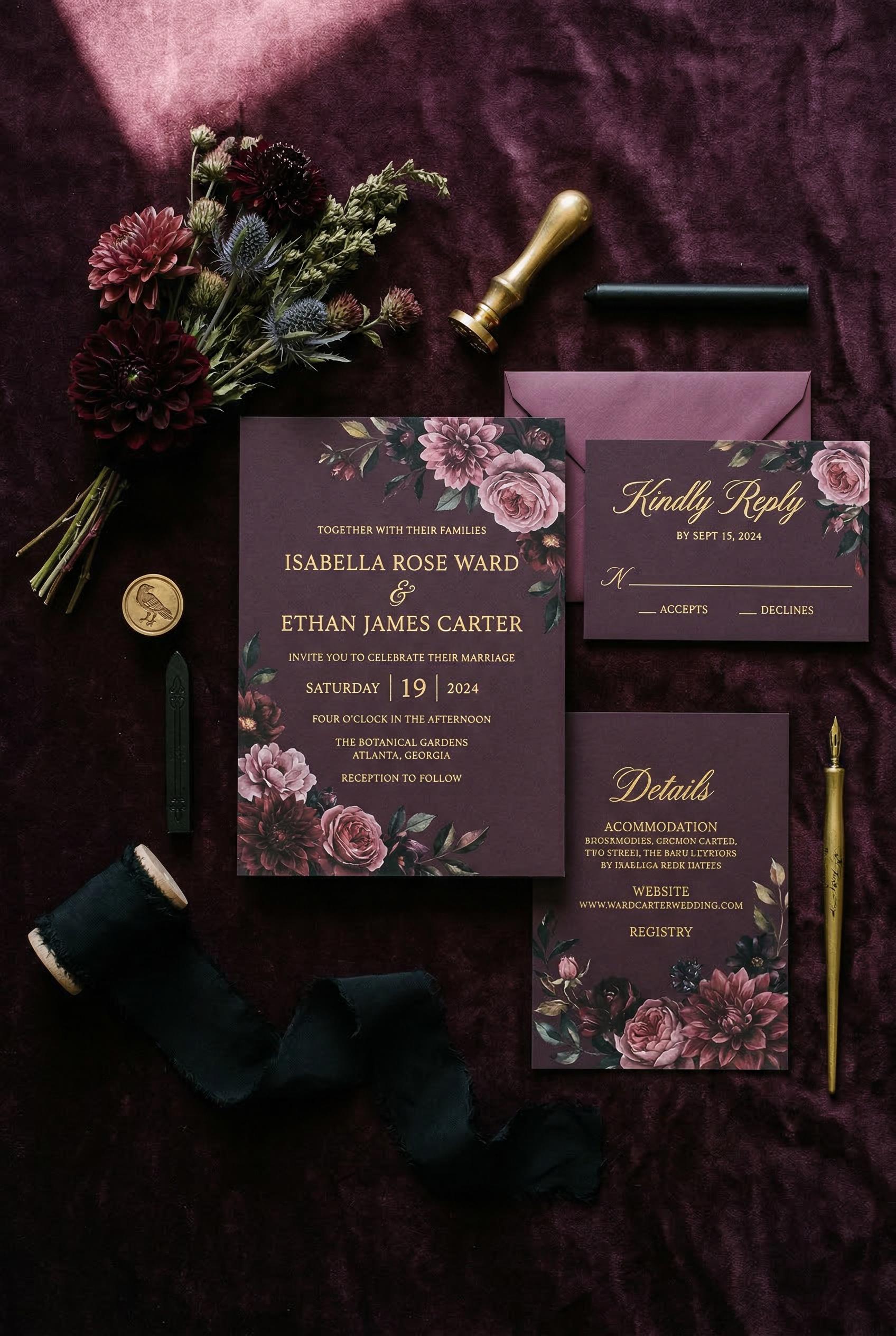 A luxurious suite of dark moody floral wedding invitations spread in a styled flat lay on a deep plu
