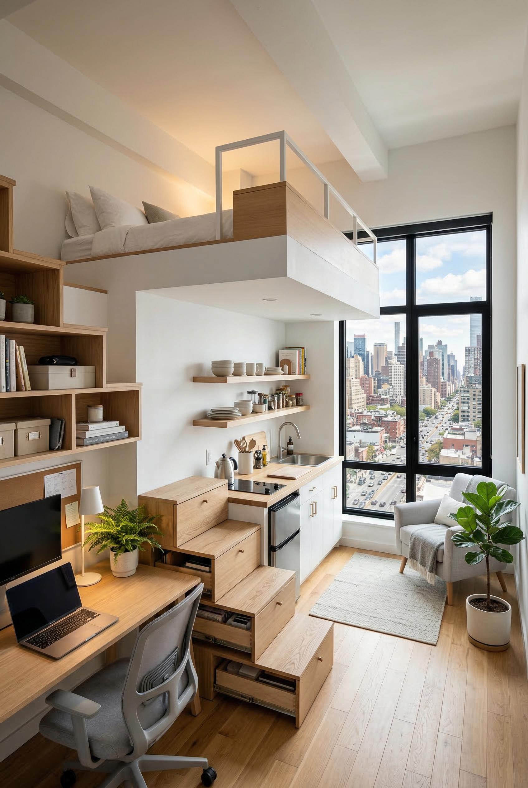 A clever small studio apartment with a loft bed above a home office nook, pull-out storage stairs, a compact kitchen wit