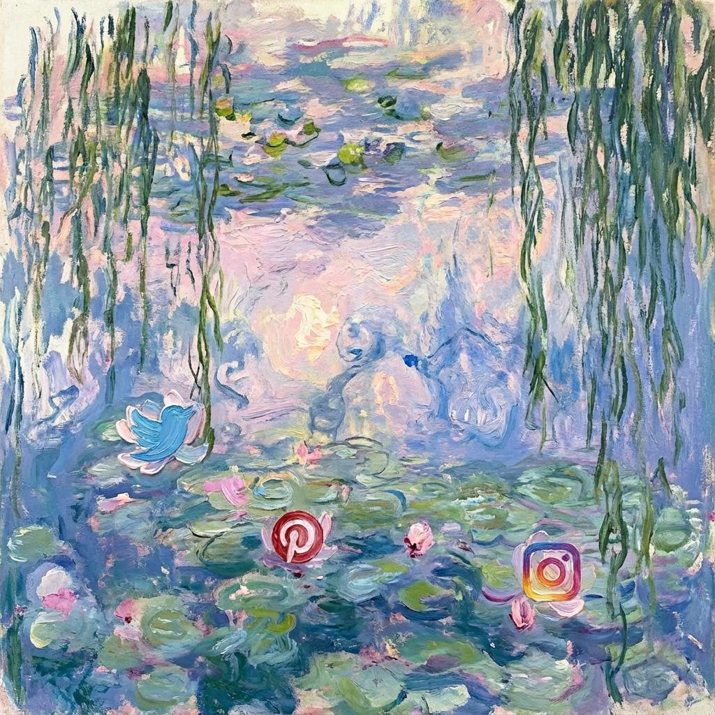 Social media icons floating like water lilies on an impressionist pond, soft broken brushstrokes in Monet's signature st