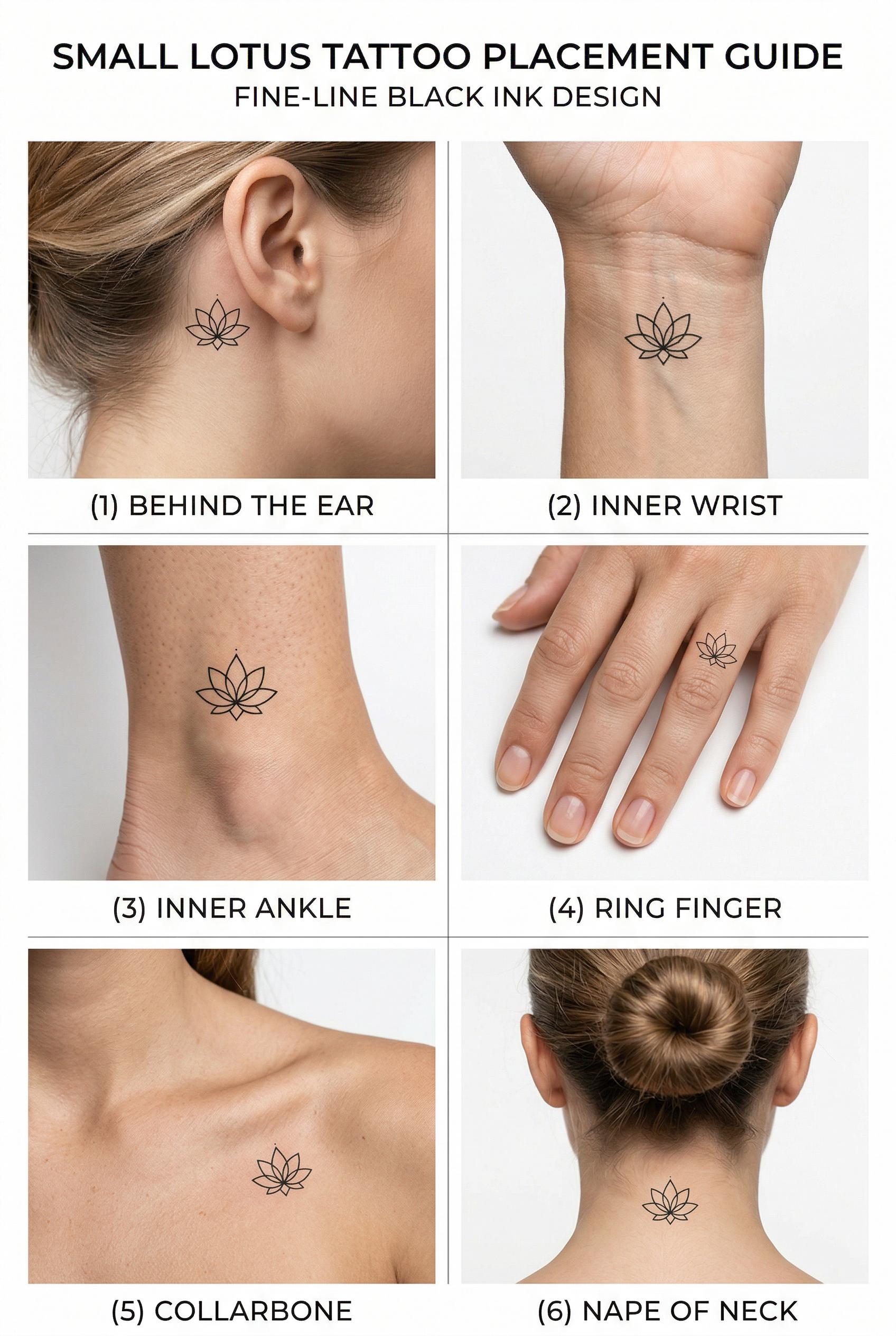 A clean infographic-style visual guide showing the same small lotus flower tattoo design placed on 6 different body part