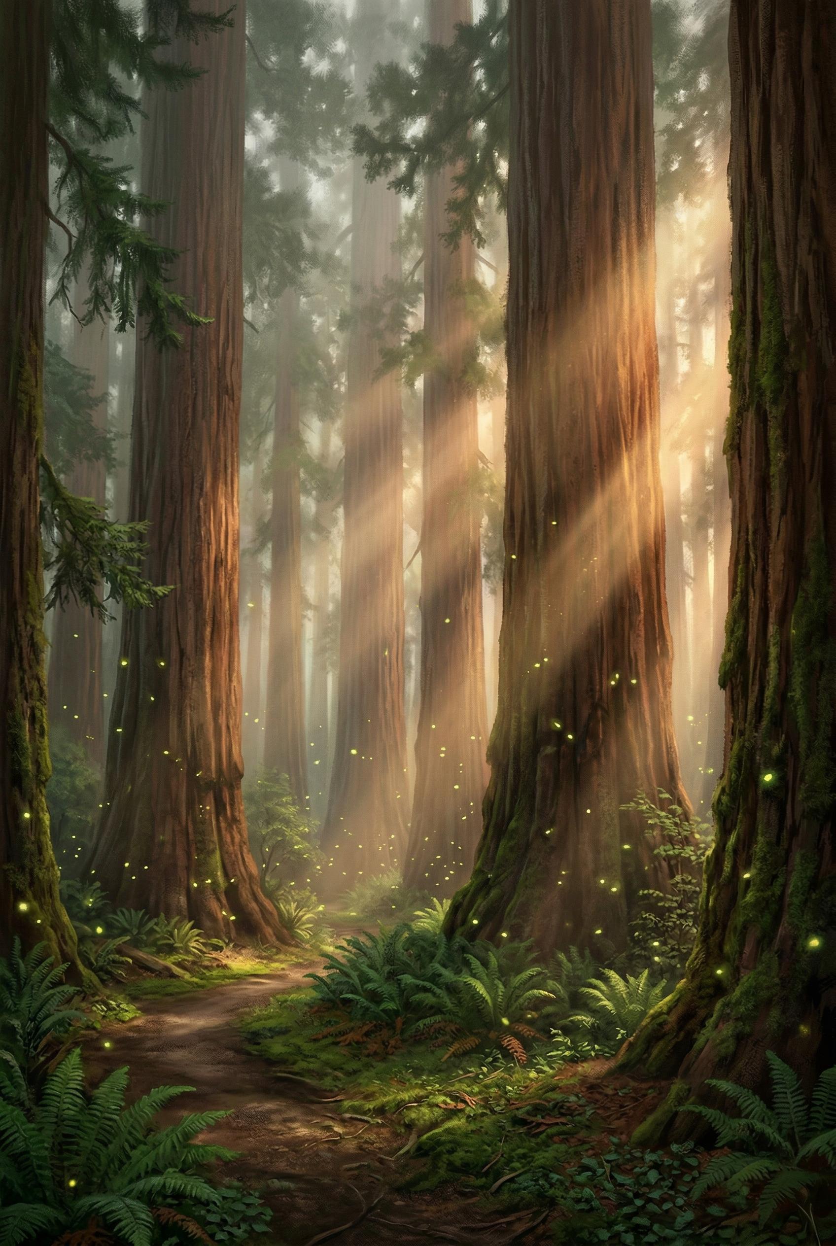 An ancient old-growth sequoia forest with towering massive red-barked tree trunks stretching impossibly high, dramatic s