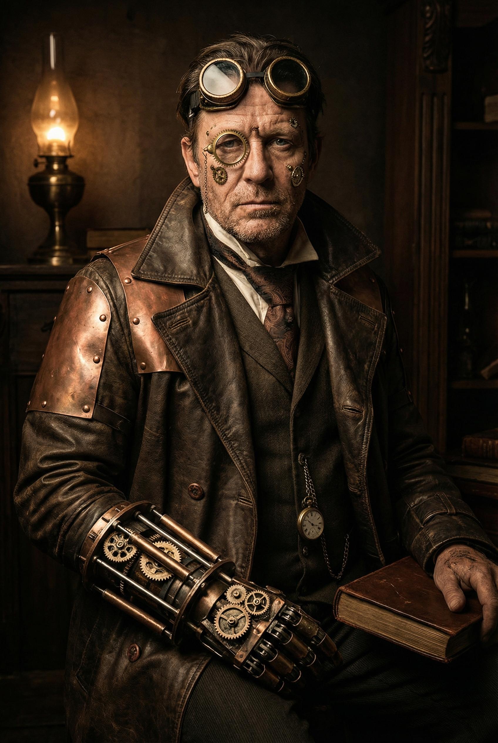 Steampunk character portrait, Victorian gentleman with brass goggles, mechanical arm prosthetic with