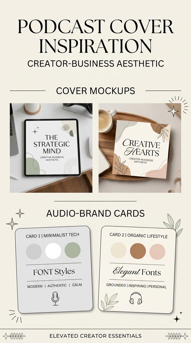 Create a premium vertical Pinterest pin for podcast cover inspiration, featuring cover mockups, audio-brand cards, clean