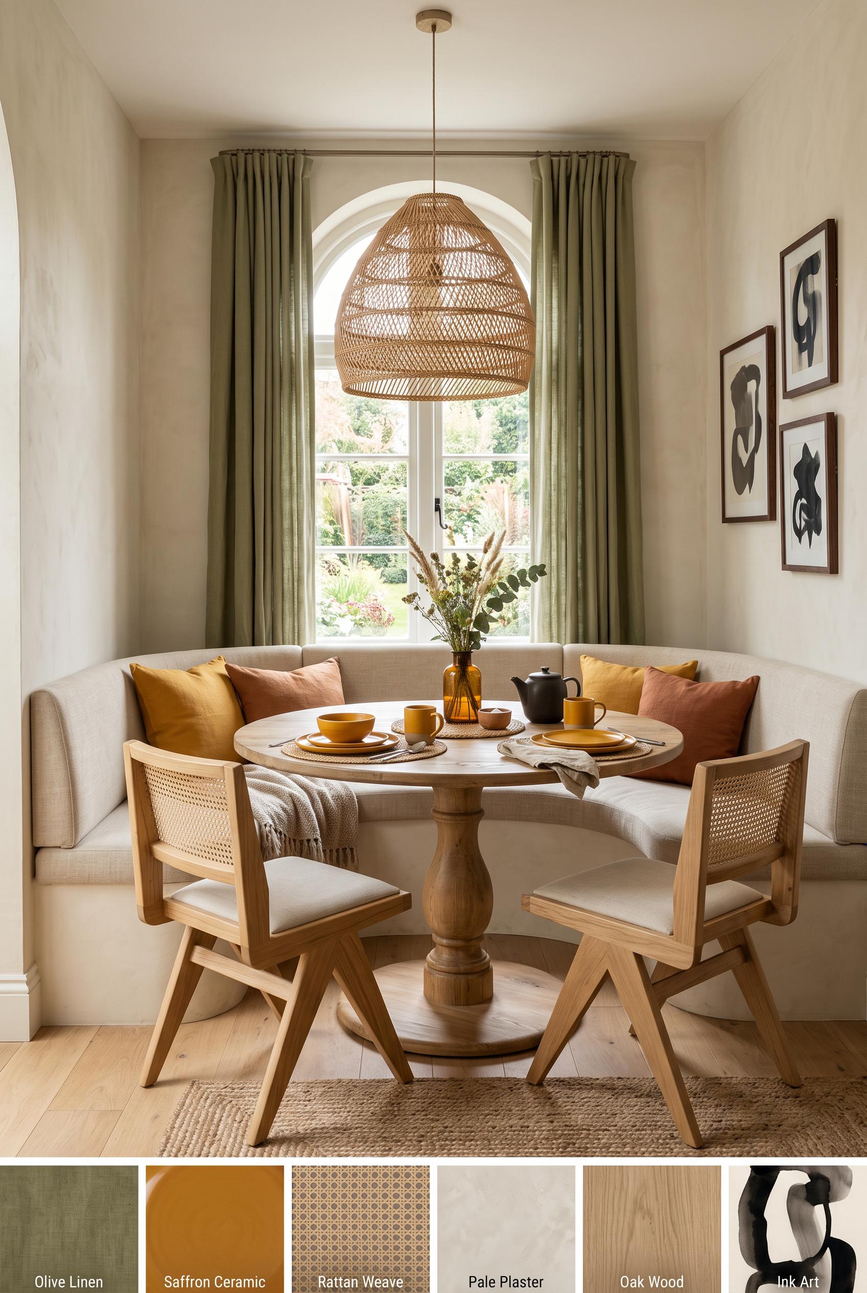 Create a commercial-quality inspirational breakfast nook interior in a vertical 2:3 Pinterest compos