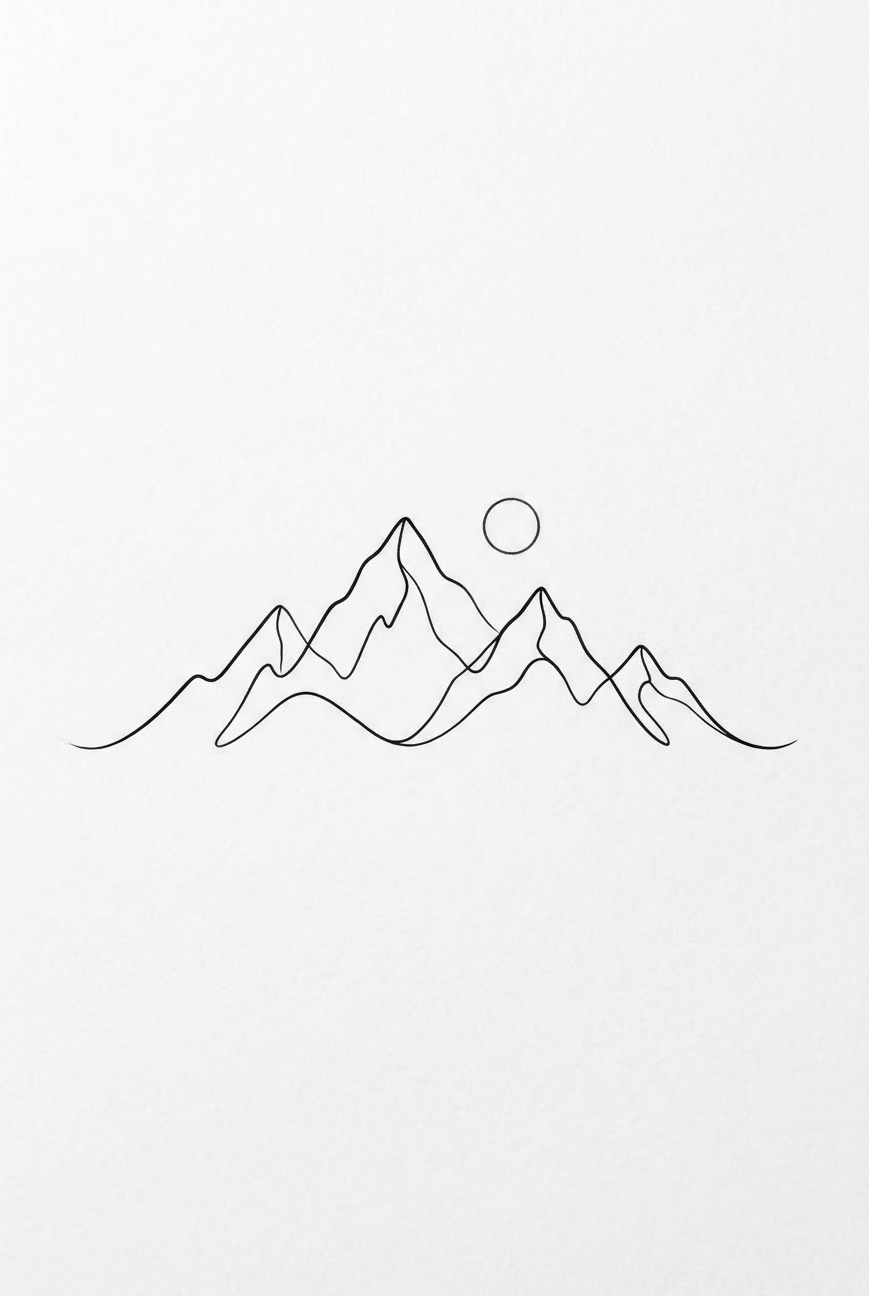 A fine-line minimalist mountain range tattoo design on a clean white background, simple continuous line art of mountain 