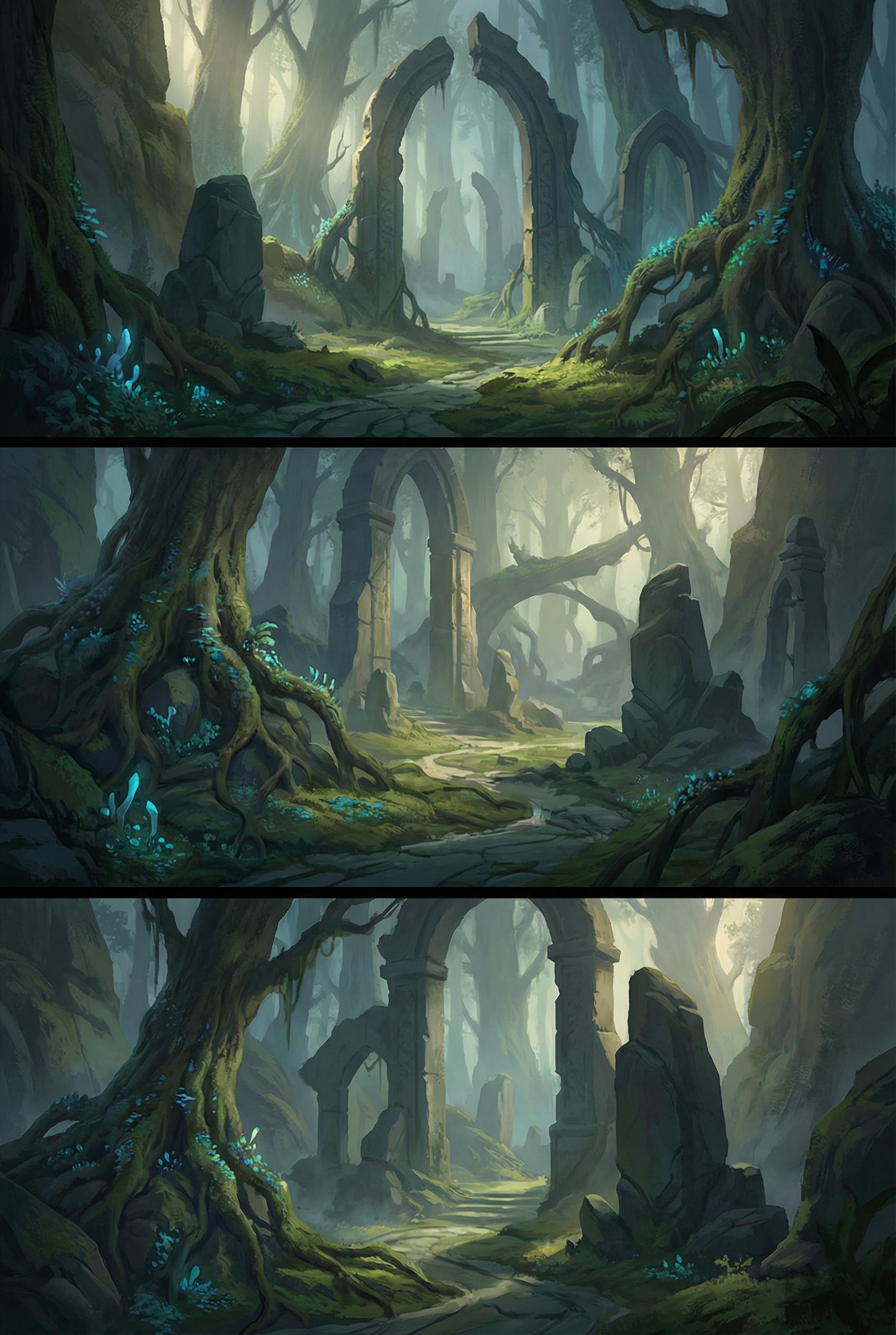 Game environment concept art, cohesive world style guide, atmospheric lighting, strong composition, 