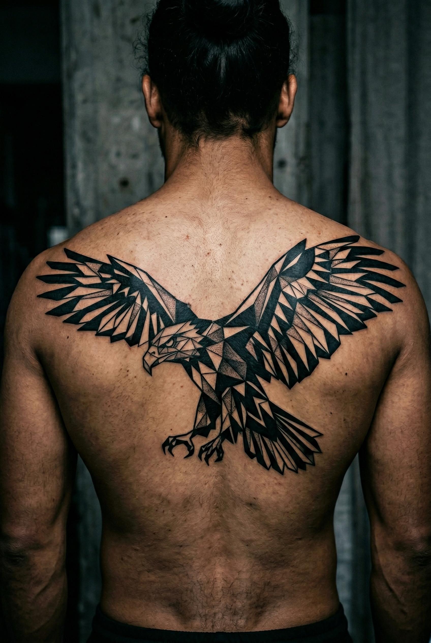 An abstract geometric eagle tattoo on the upper back, the eagle captured mid-flight with wings fully spread, entirely co