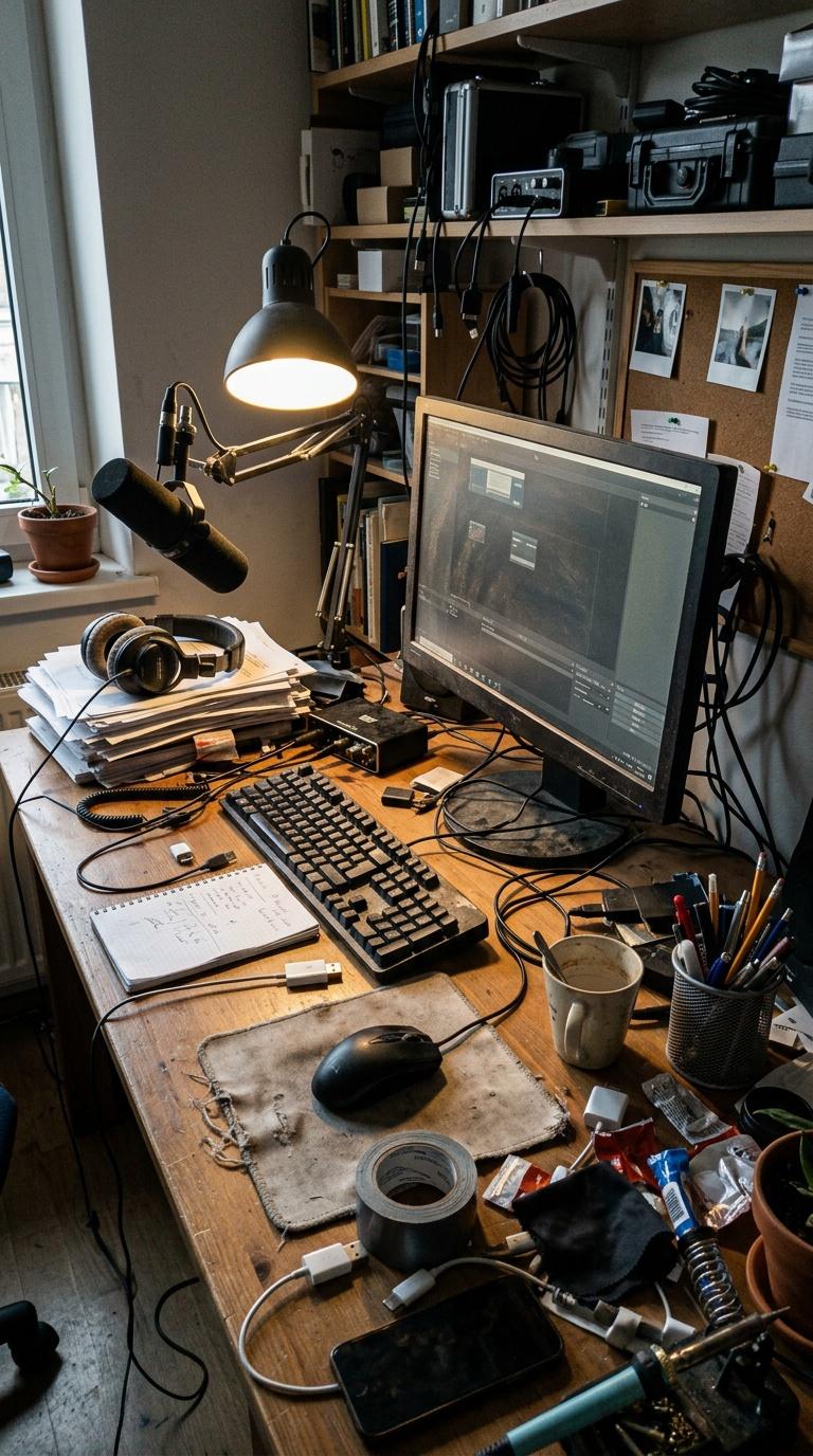 Amateur handheld phone photo of a creator's cluttered desk setup before branding and styling, imperfect pho...